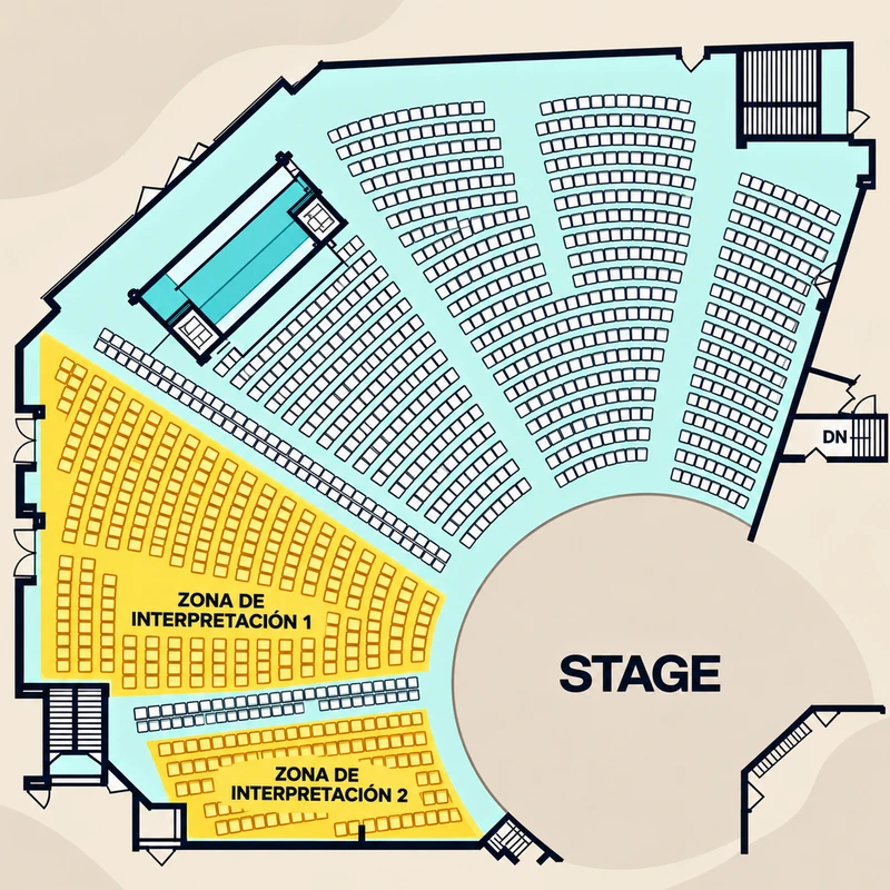 A floor plan of an auditorium showing seating arranged around a stage. Two sections are highlighted in yellow and labeled in Spanish as interpretation zones.