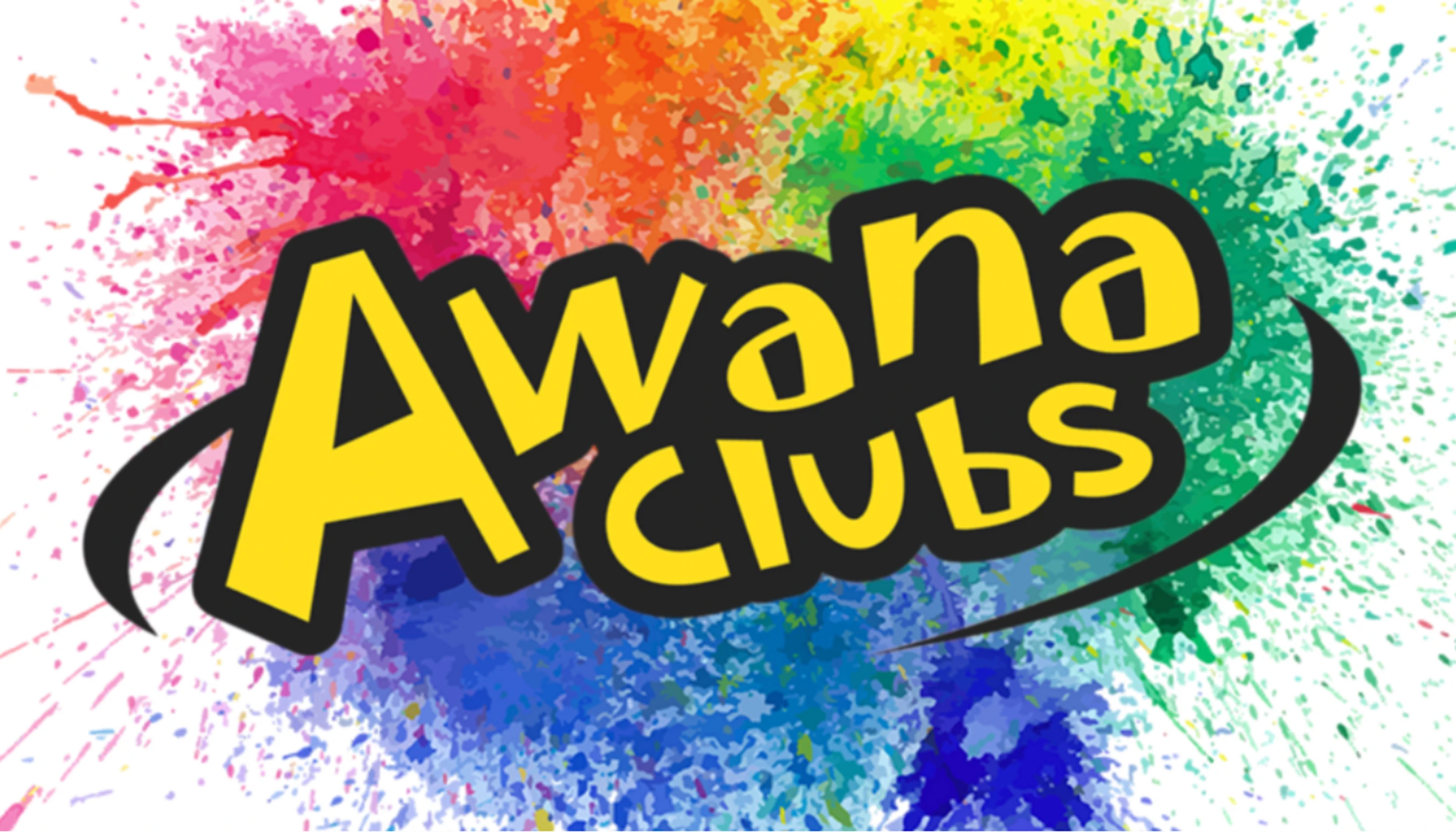 The Awana Clubs logo in bright yellow text with a black outline, set against a vibrant background of multi-colored paint splatters.