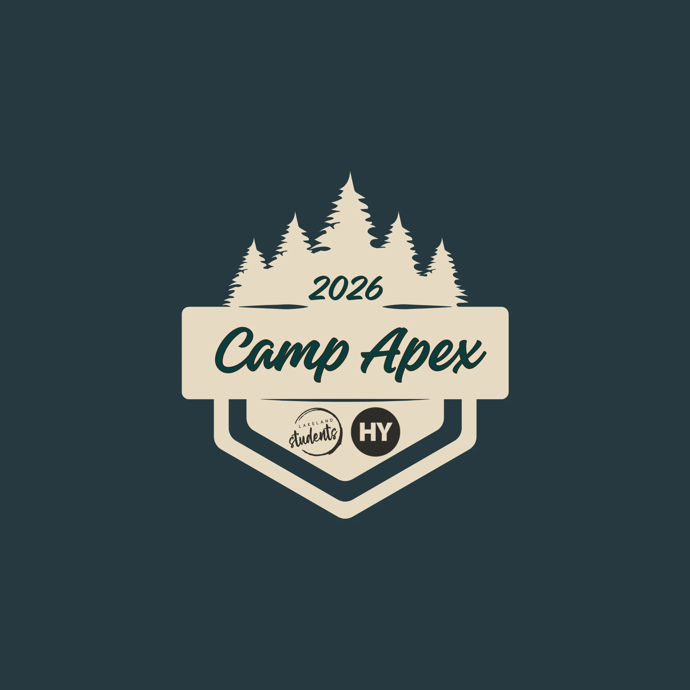 A logo for Camp Apex 2026, featuring cream-colored silhouettes of pine trees and a crest against a dark teal background.