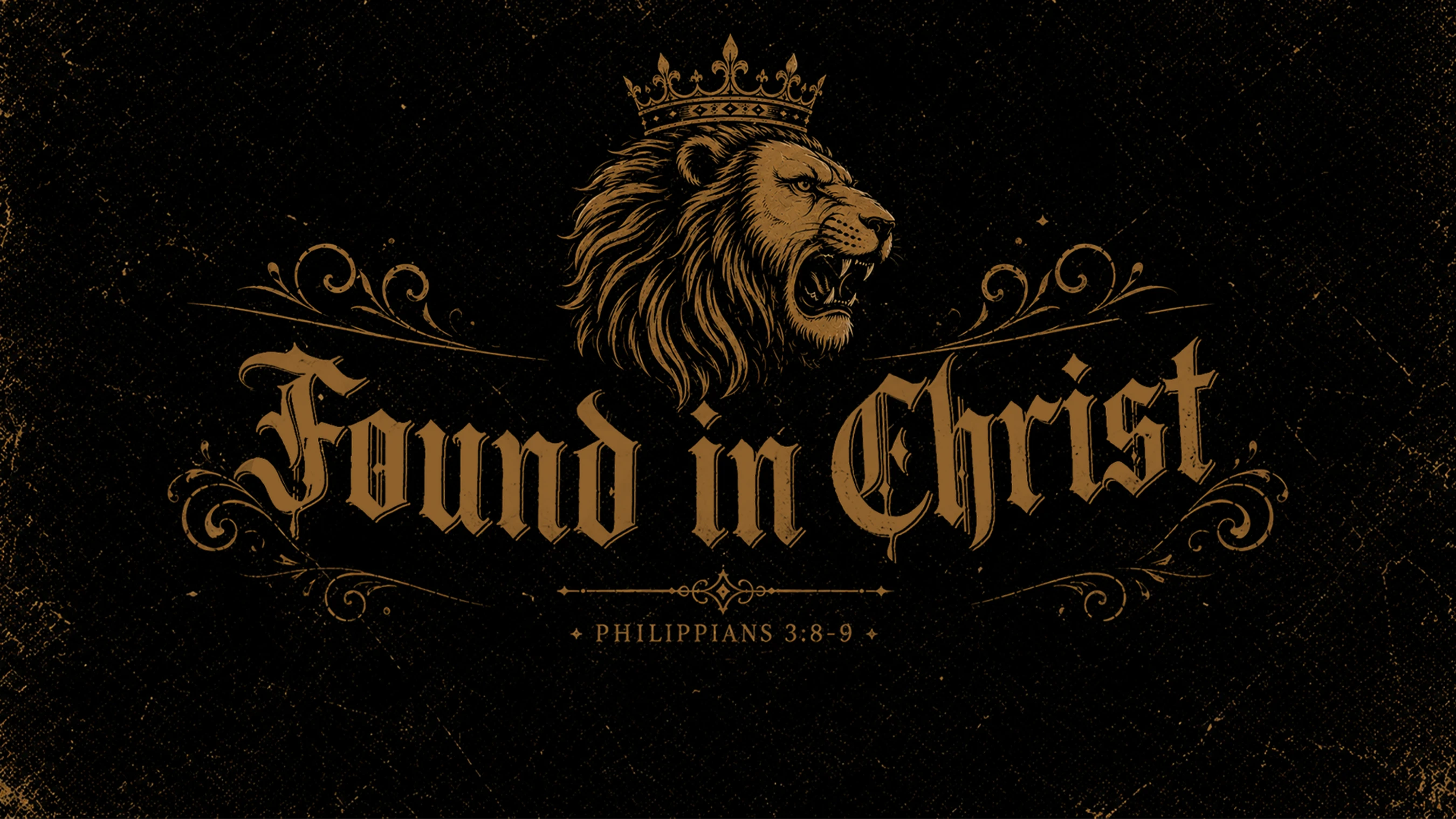 A roaring lion wearing a crown above the words "Found in Christ" in a gothic font. Below is the scripture reference Philippians 3:8-9 on a dark background.
