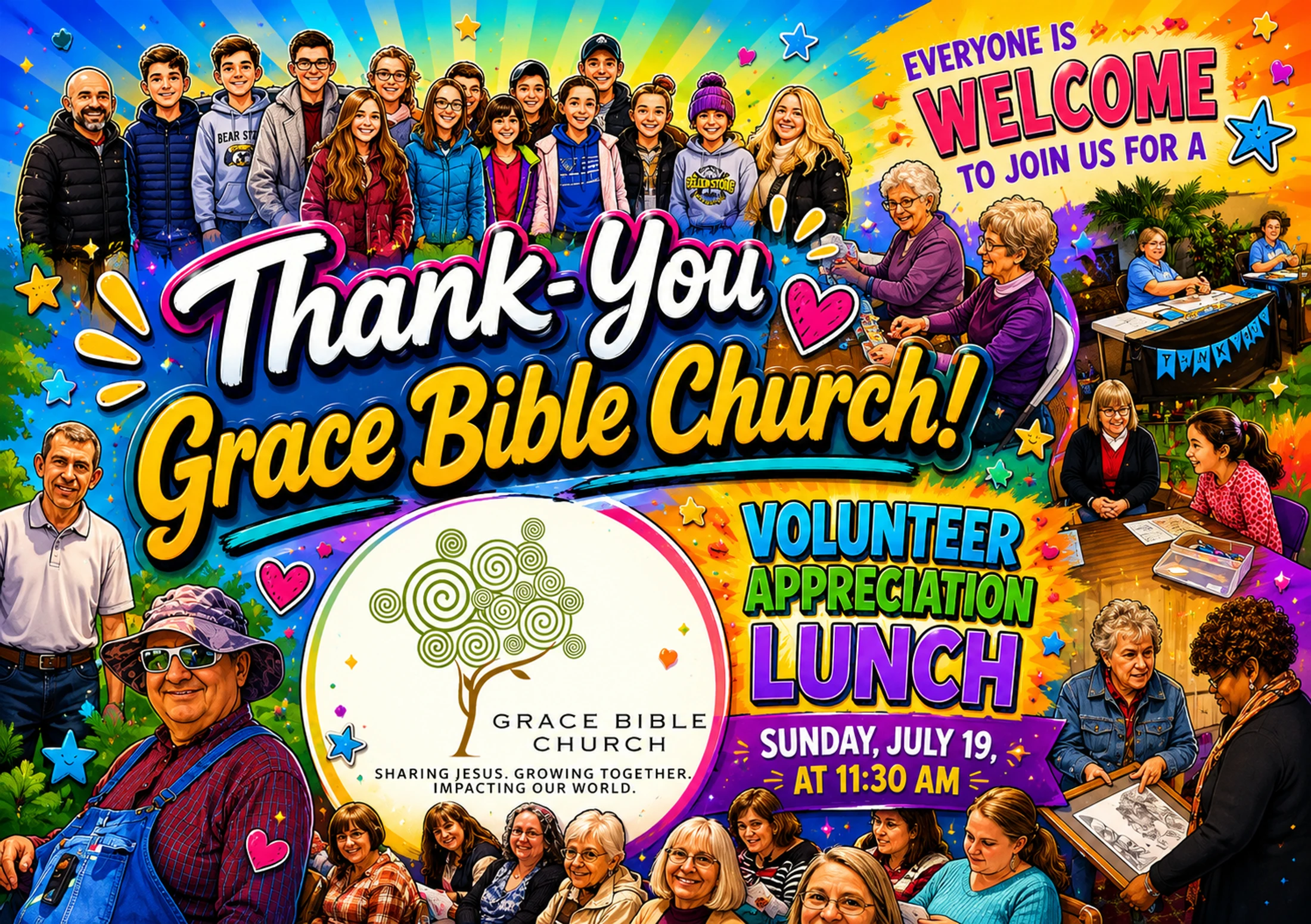 A vibrant, illustrated poster for a Grace Bible Church volunteer appreciation lunch, showing diverse groups of smiling people and event details.