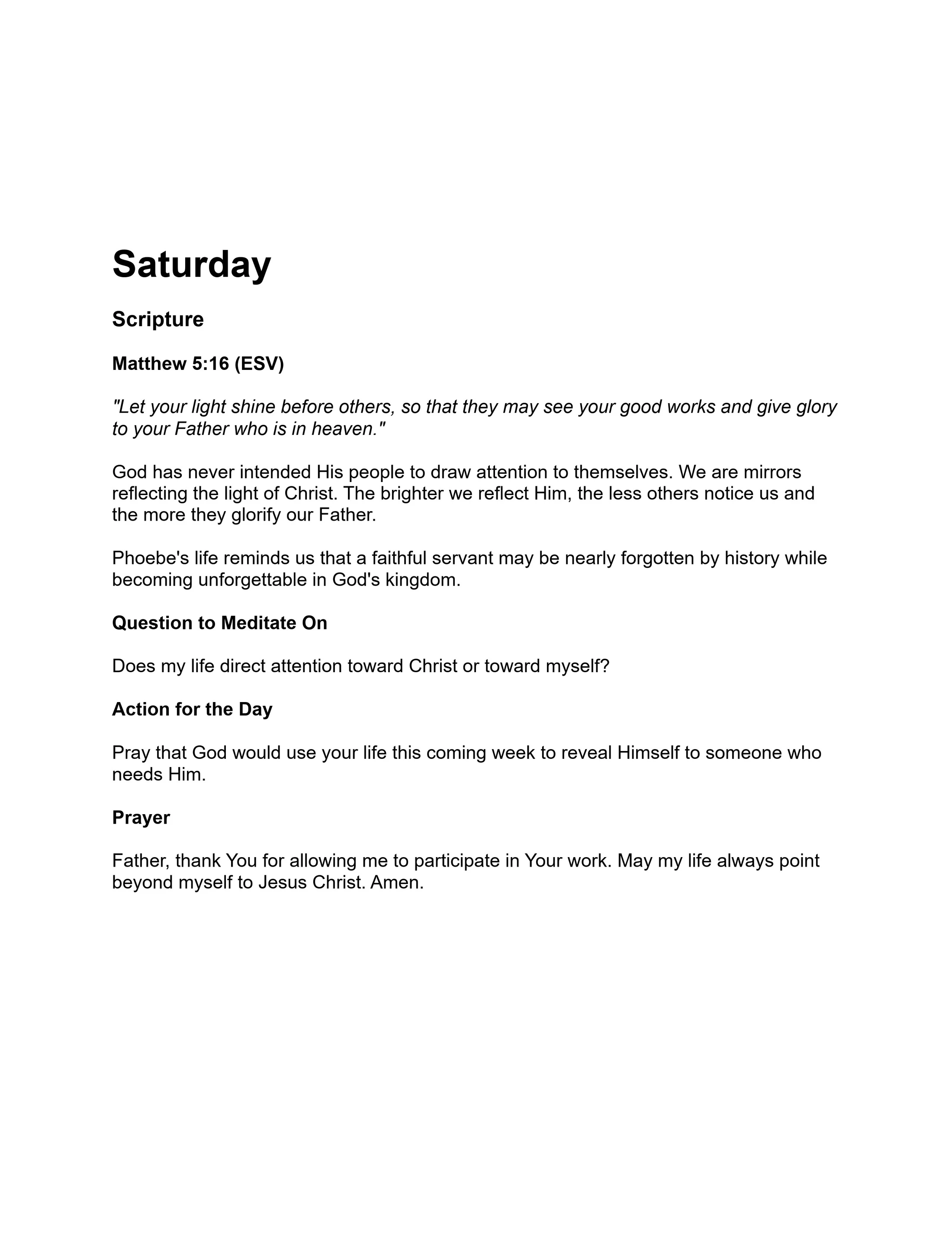 A daily devotional page for Saturday with scripture from Matthew 5:16, a reflection on letting your light shine, a meditation question, and a prayer.
