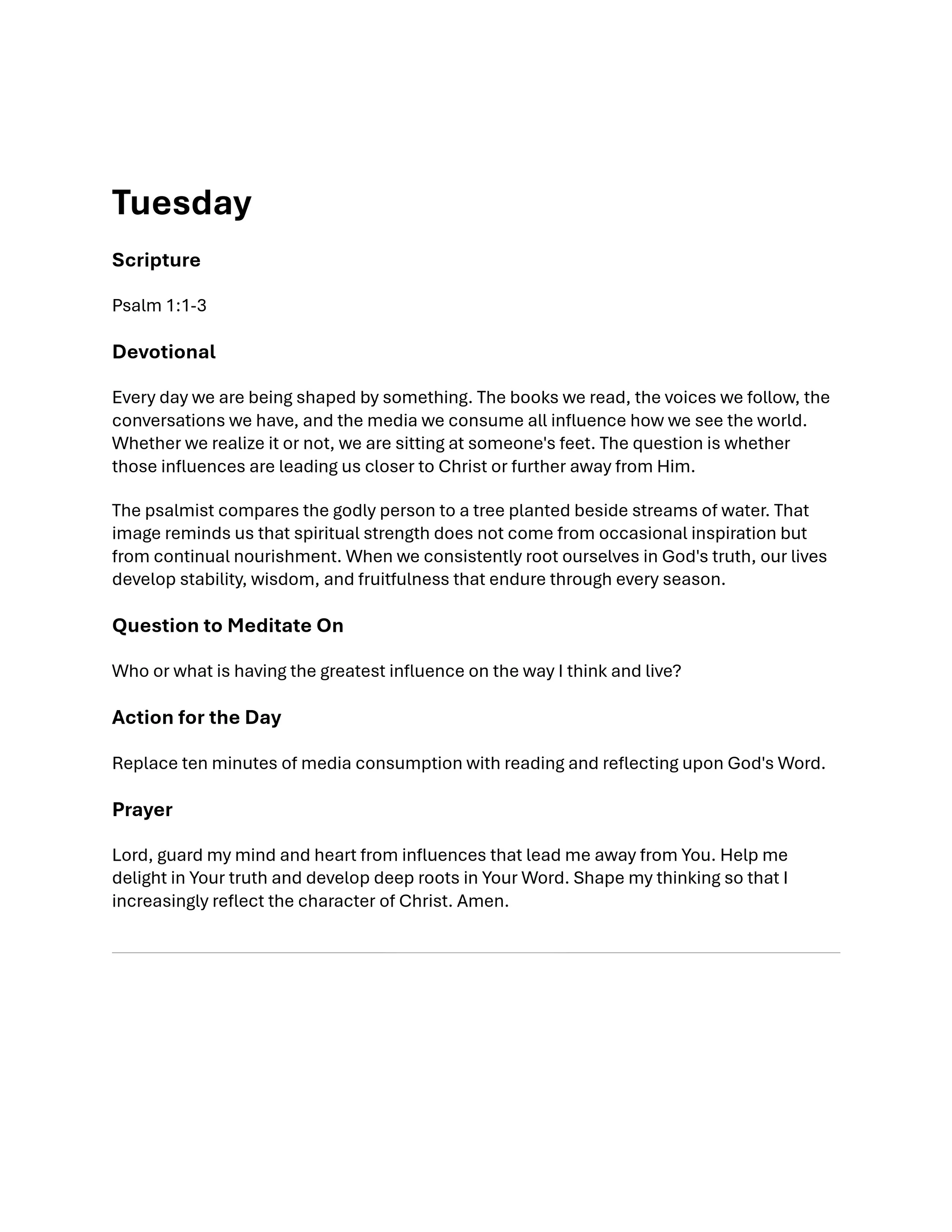 A Christian devotional for Tuesday based on Psalm 1:1-3. It includes a short reading, a meditation question, an action for the day, and a closing prayer.