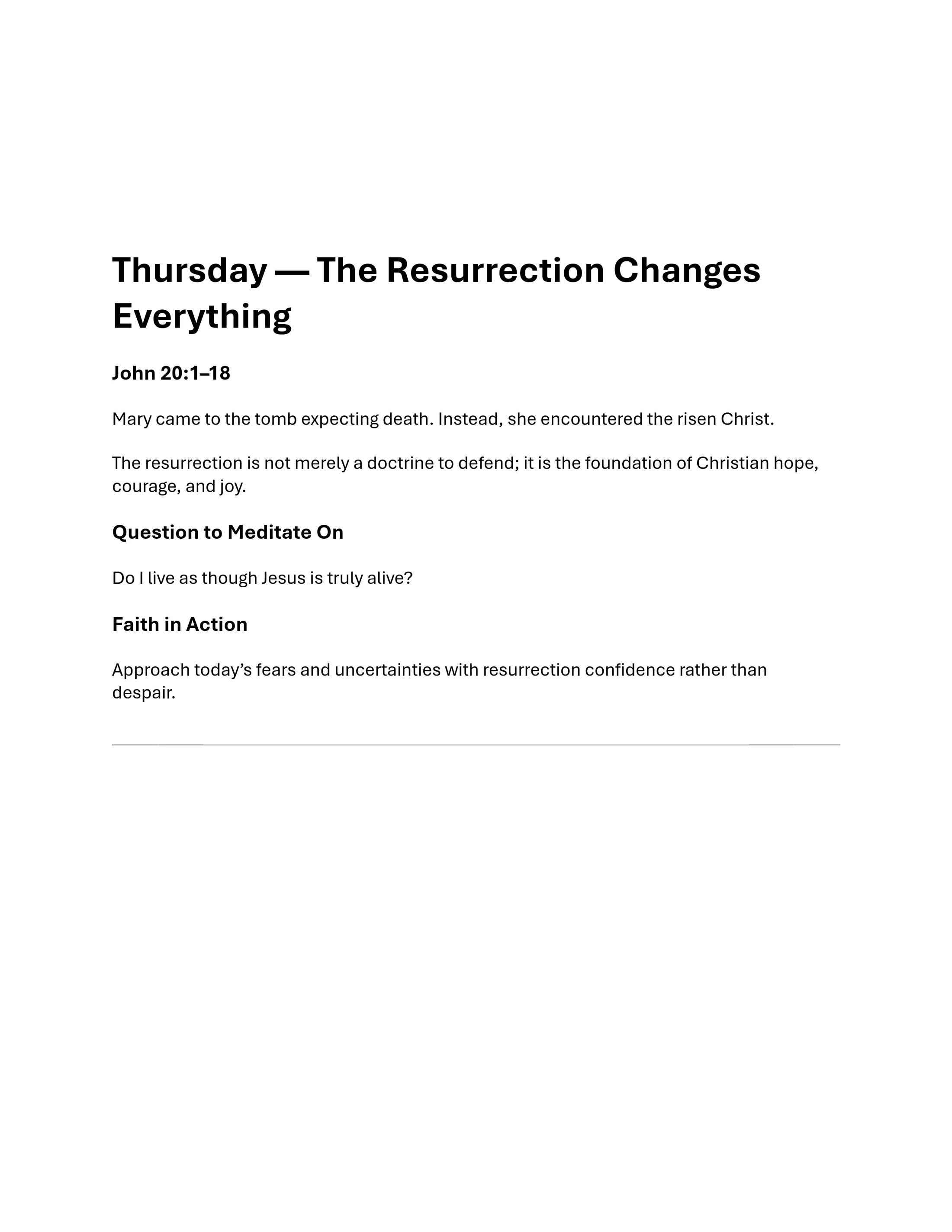 A Christian devotional page for Thursday about the resurrection, referencing John 20:1-18. It includes a meditation question and a 'Faith in Action' prompt.