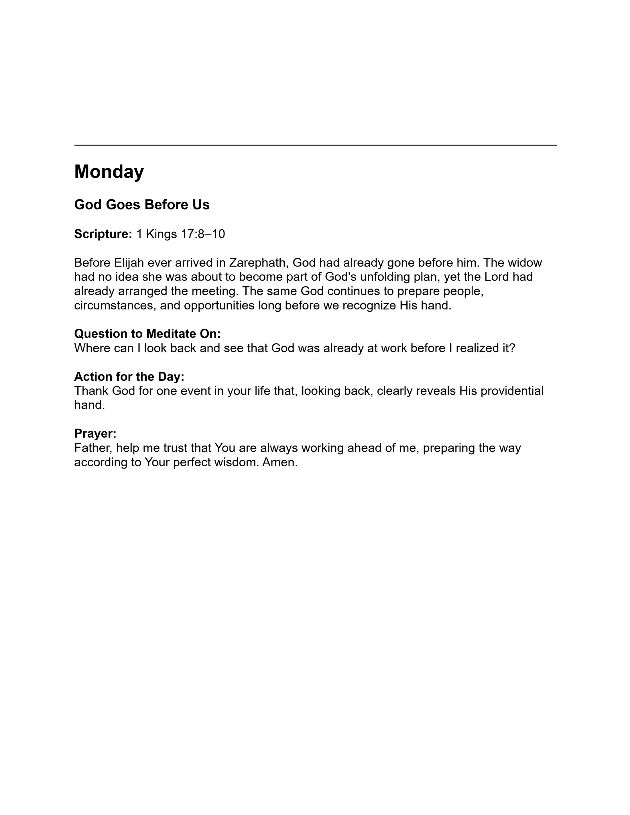 A daily devotional page for Monday titled 'God Goes Before Us.' It includes scripture from 1 Kings 17:8-10, a reflection, a question, an action, and a prayer.