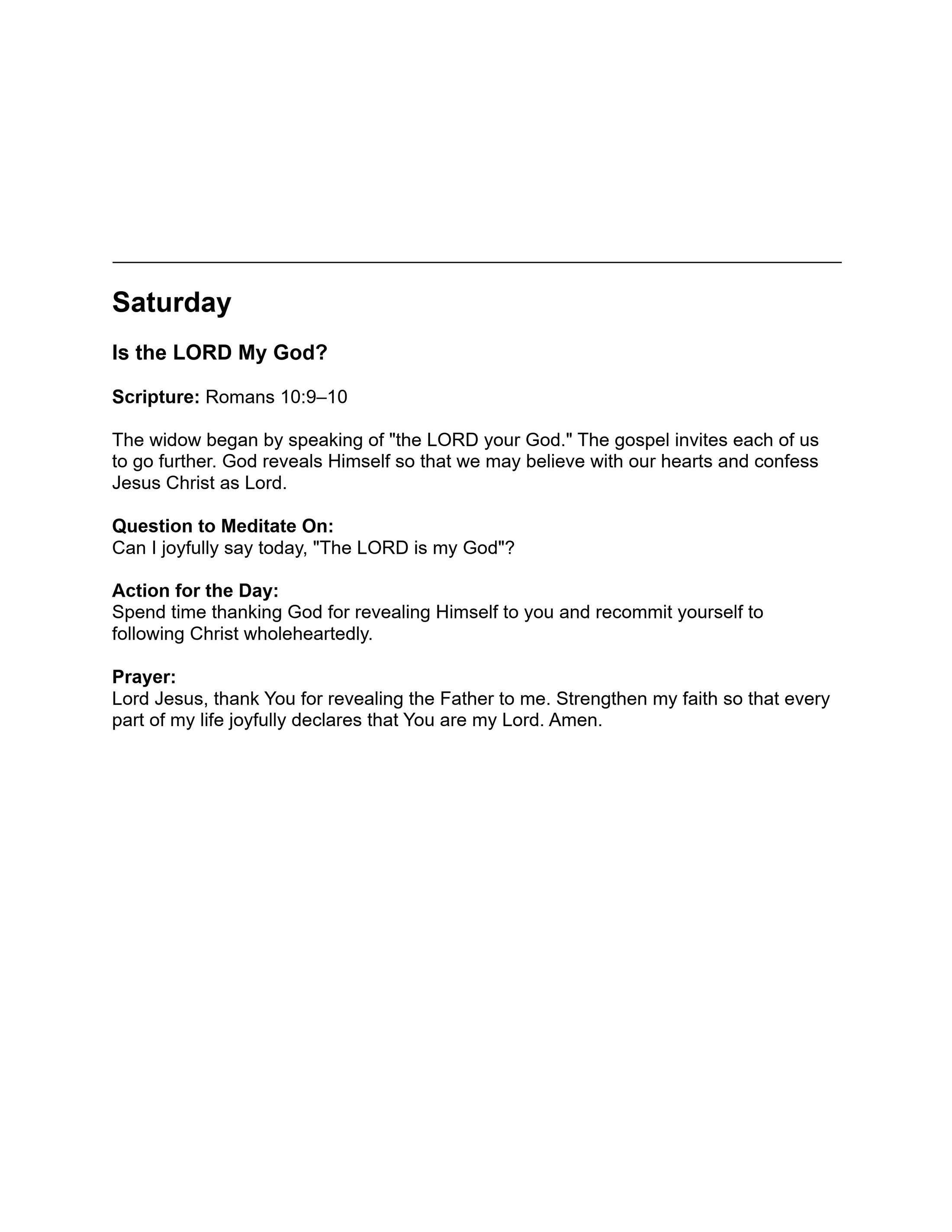A page from a daily devotional for Saturday, focusing on the question 'Is the LORD My God?' with scripture from Romans, a meditation question, and a prayer.