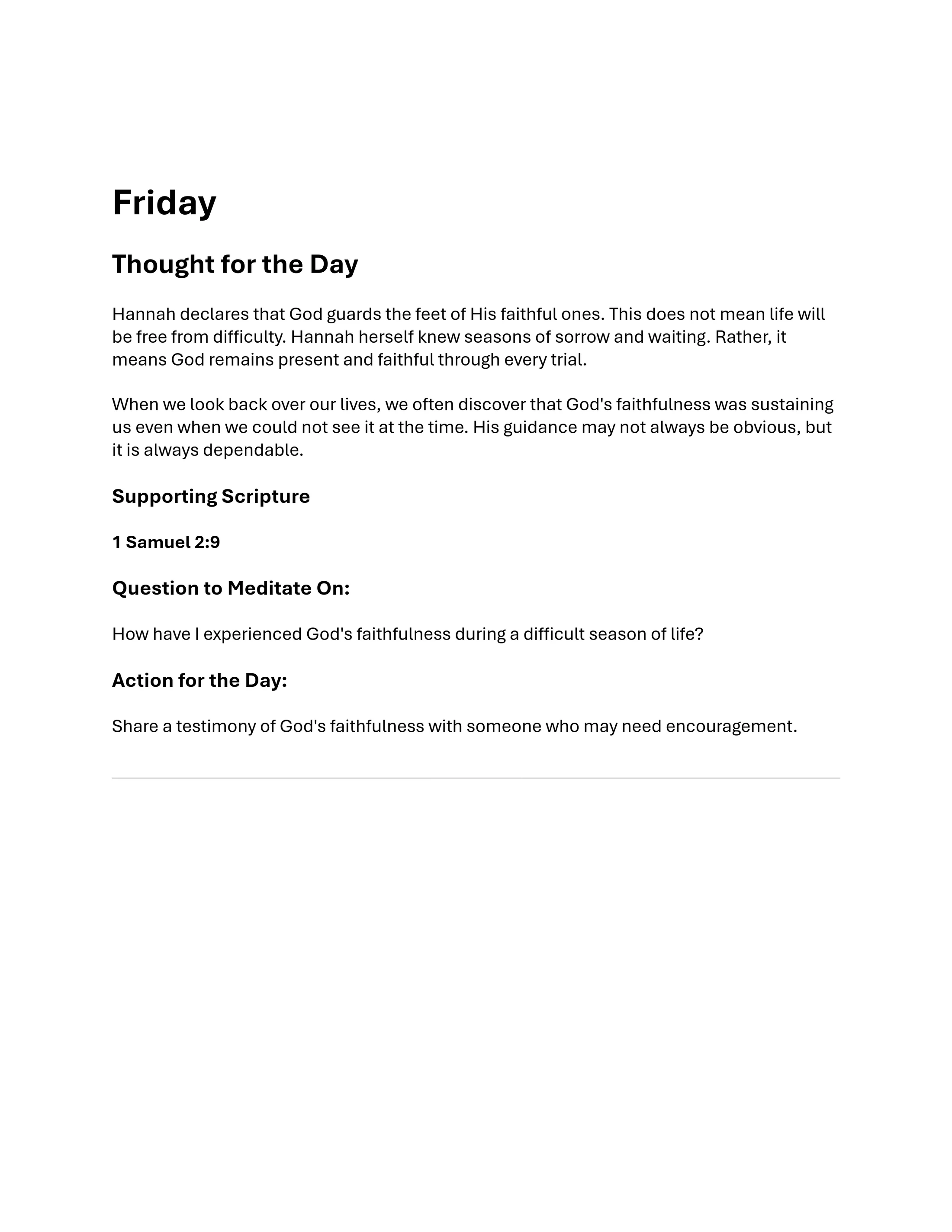 A daily devotional for Friday. It has a 'Thought for the Day' on God's faithfulness, scripture from 1 Samuel 2:9, and questions for meditation and action.