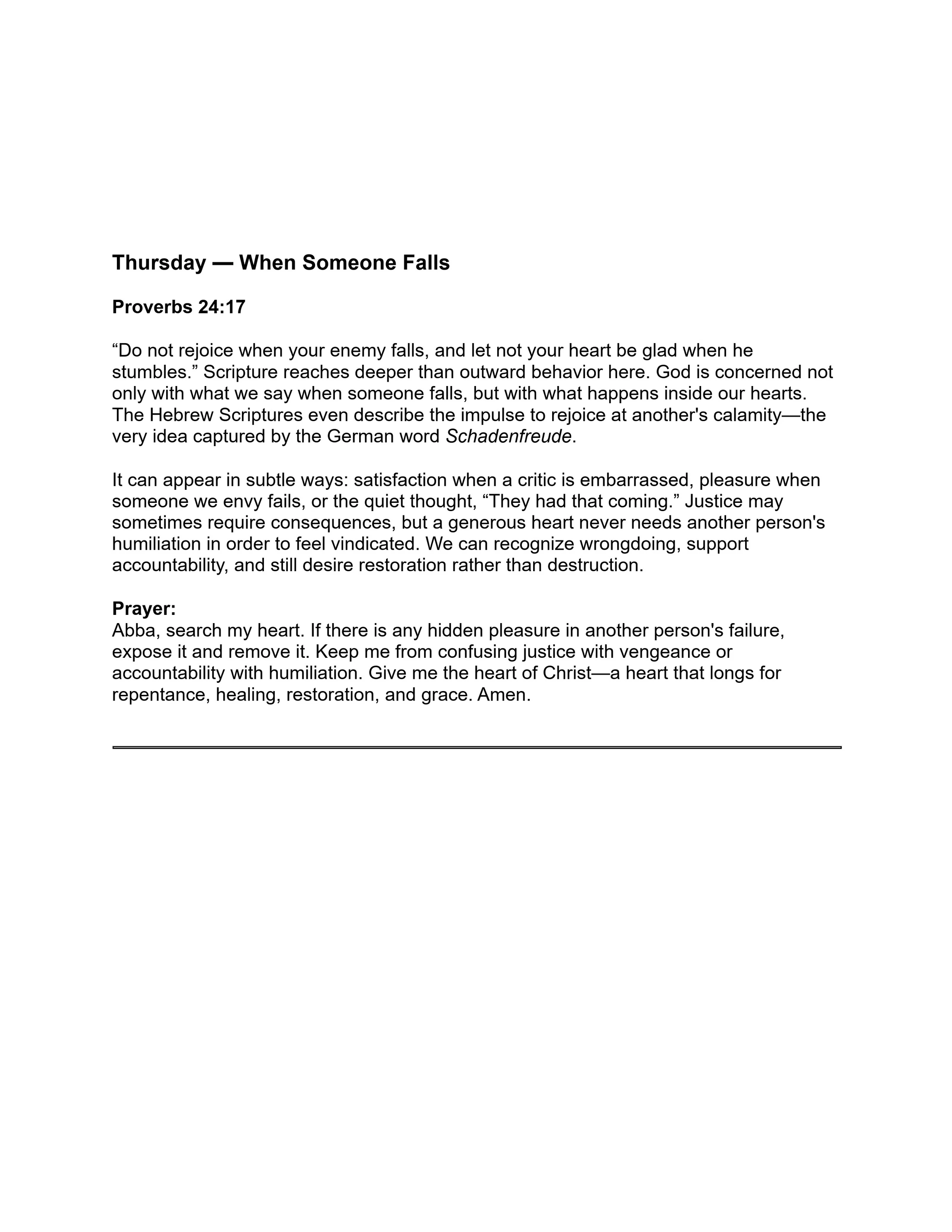 A devotional page for Thursday titled 'When Someone Falls.' It features Proverbs 24:17, a reflection on not rejoicing in an enemy's failure, and a prayer.