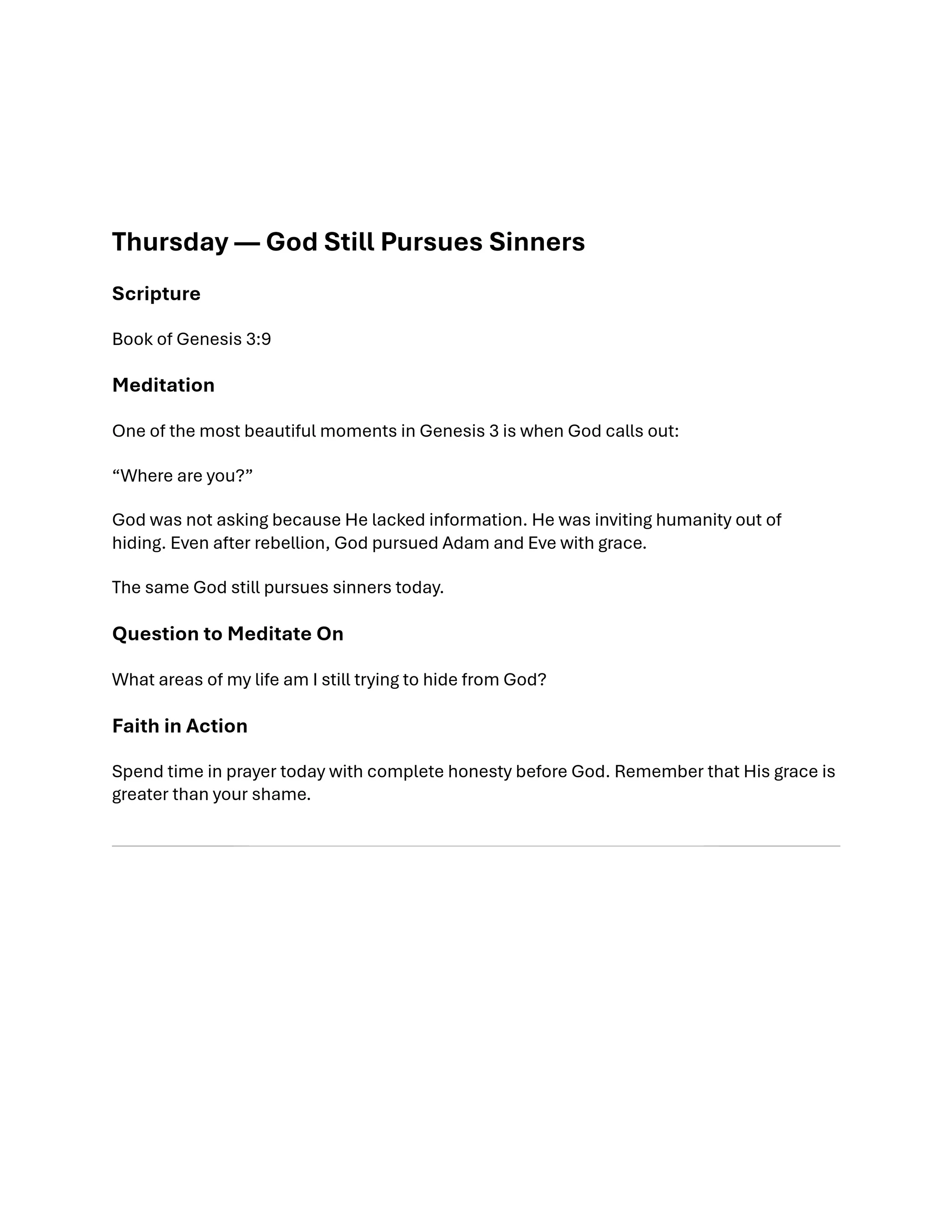 A daily devotional page for Thursday titled 'God Still Pursues Sinners,' discussing Genesis 3:9 with sections for meditation, questions, and faith in action.