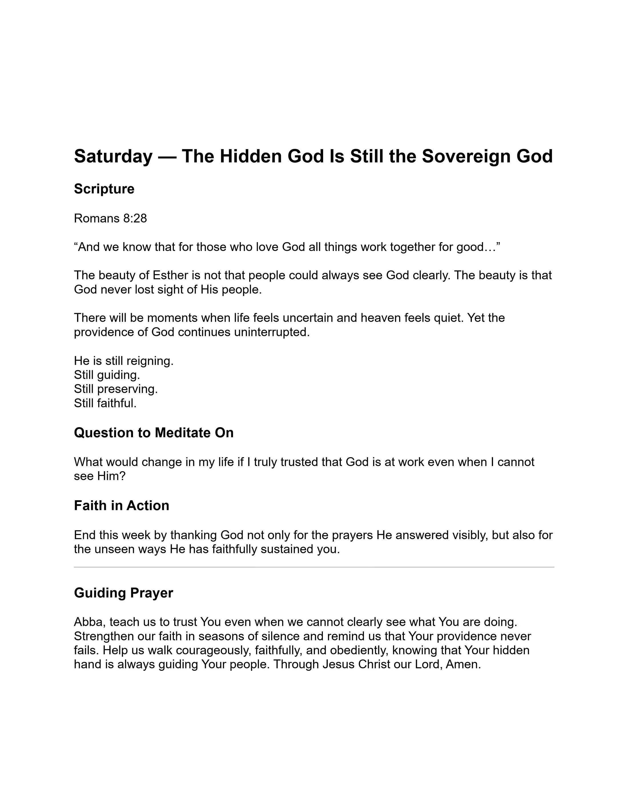 A page from a Saturday devotional titled 'The Hidden God Is Still the Sovereign God,' featuring scripture, reflections, and a guiding prayer on faith.