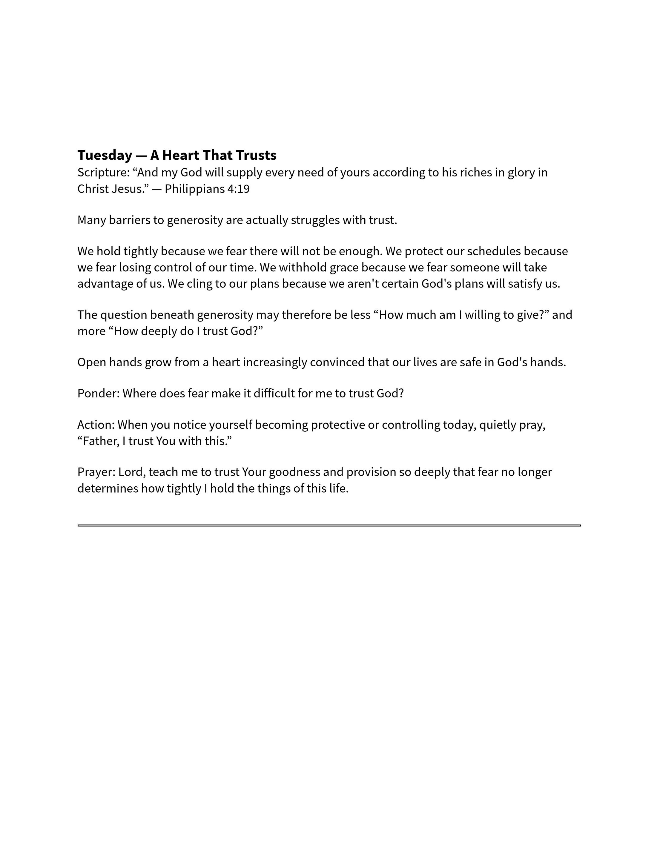 A Christian devotional for Tuesday titled "A Heart That Trusts." It explores how fear hinders generosity and encourages trusting in God's provision.