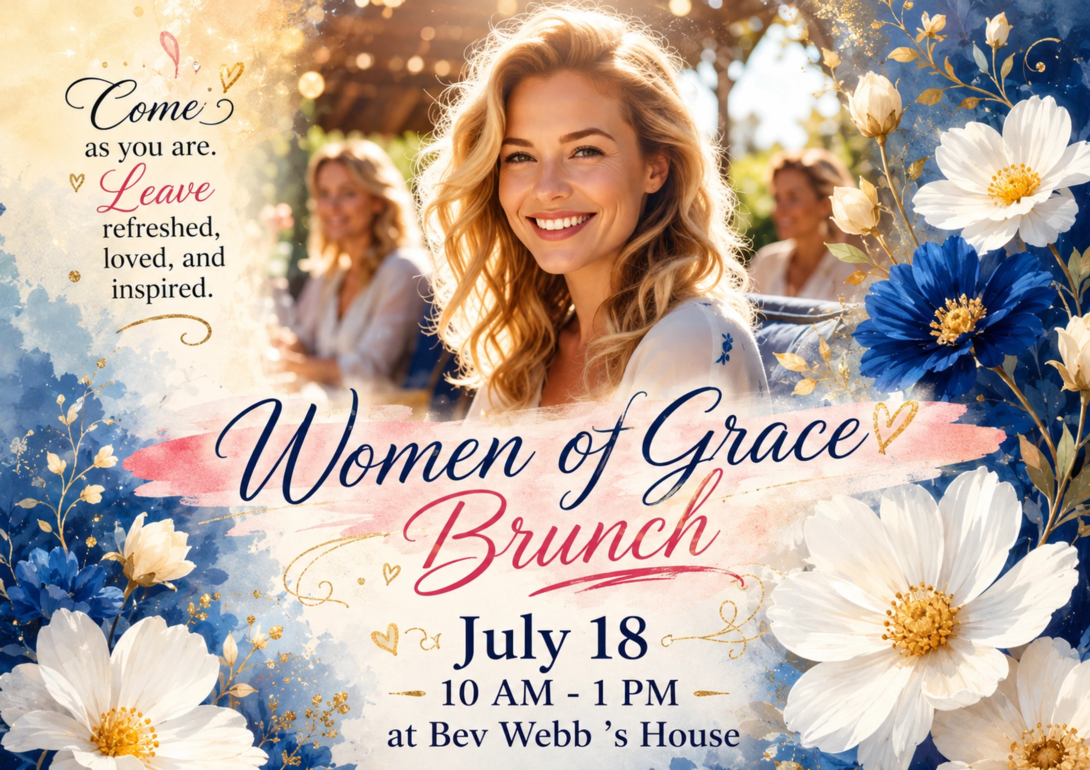 An elegant invitation for a Women of Grace Brunch, featuring a smiling woman surrounded by blue and white watercolor flowers and event details.