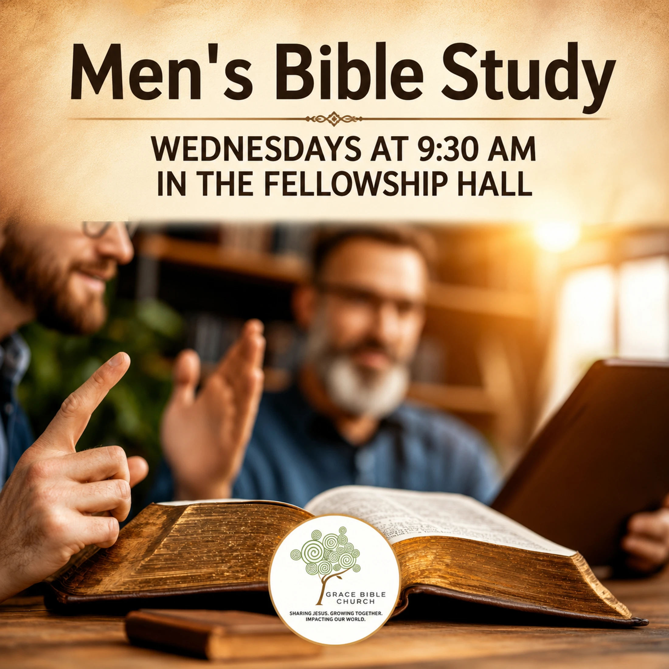A promotional graphic for Men's Bible Study on Wednesdays. In the background, two men sit at a table discussing over an open bible.