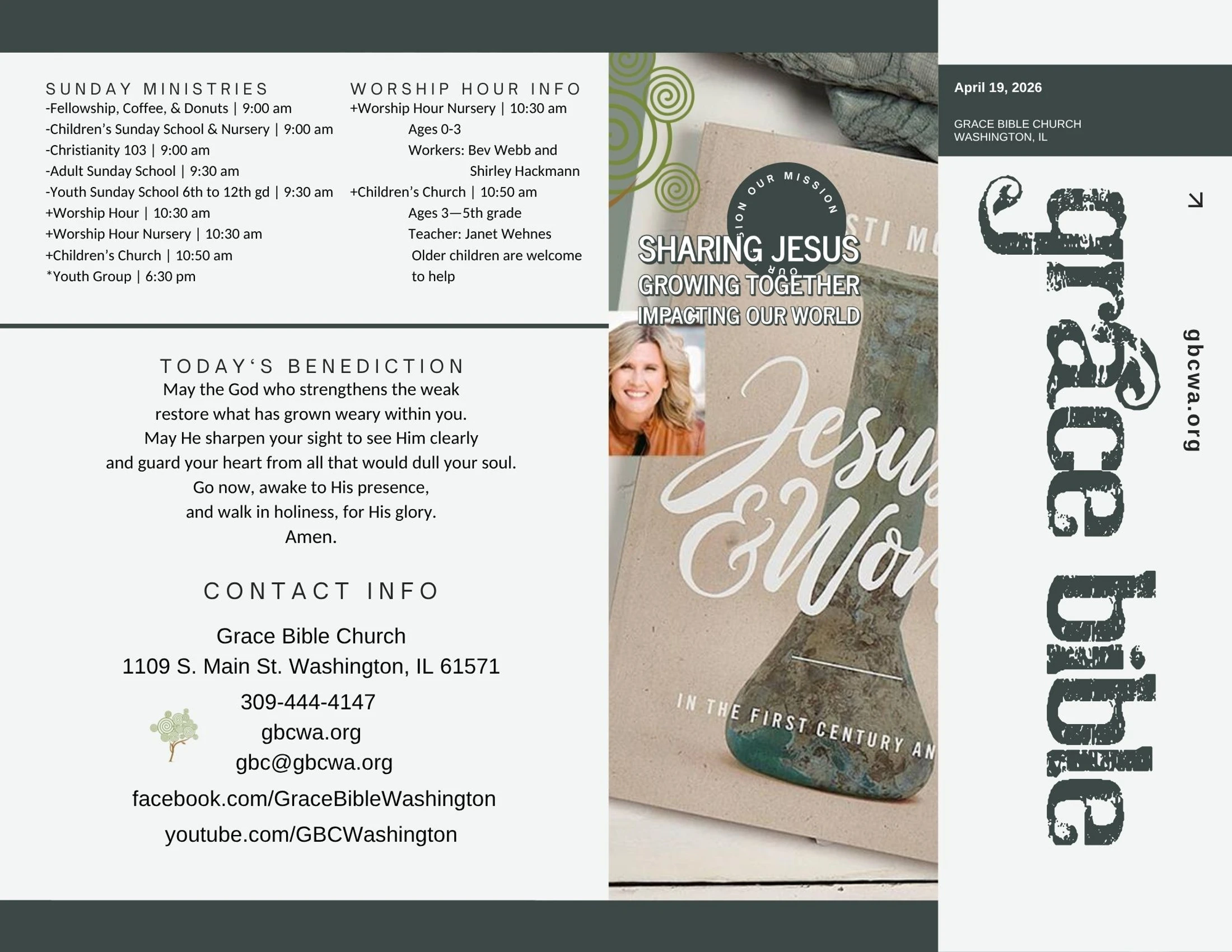 A bulletin for Grace Bible Church dated April 19, 2026. It lists Sunday ministries, worship hour info, a benediction, and contact details for the church.