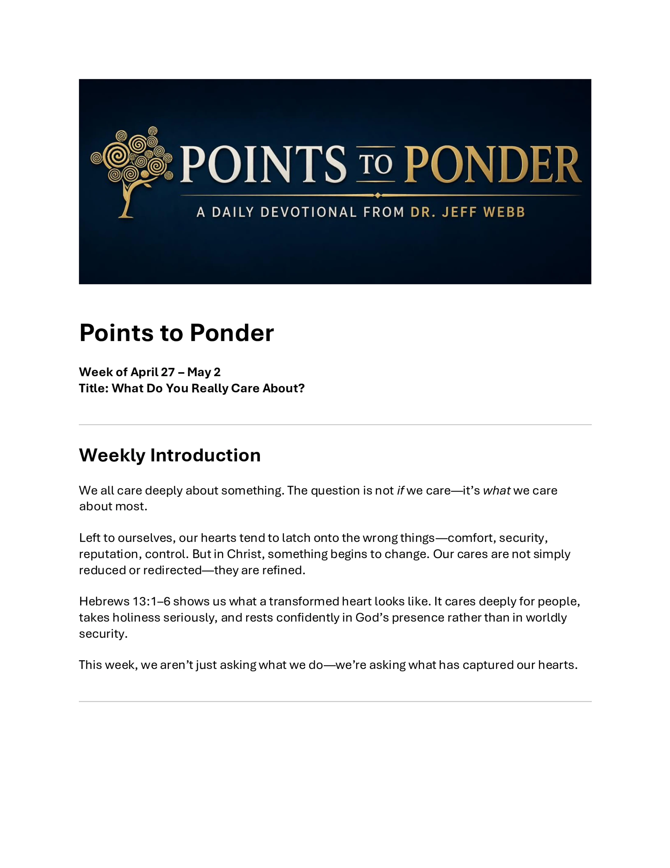 A page from the daily devotional 'Points to Ponder' by Dr. Jeff Webb, featuring the weekly introduction for the topic 'What Do You Really Care About?'.