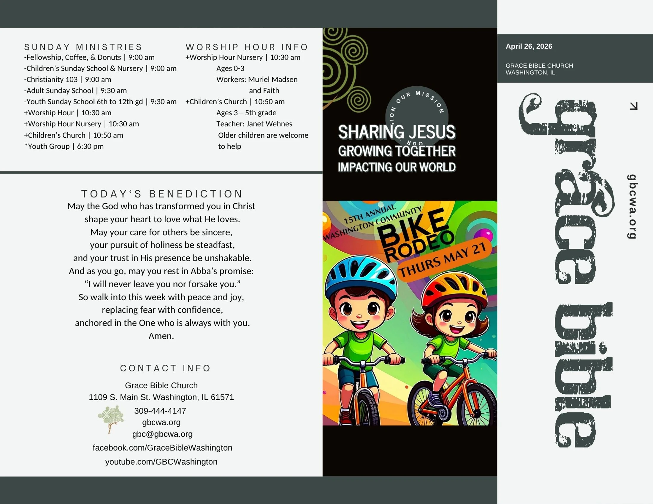 A church bulletin for Grace Bible Church listing Sunday ministries, a benediction, and an announcement for a community bike rodeo on May 21st.