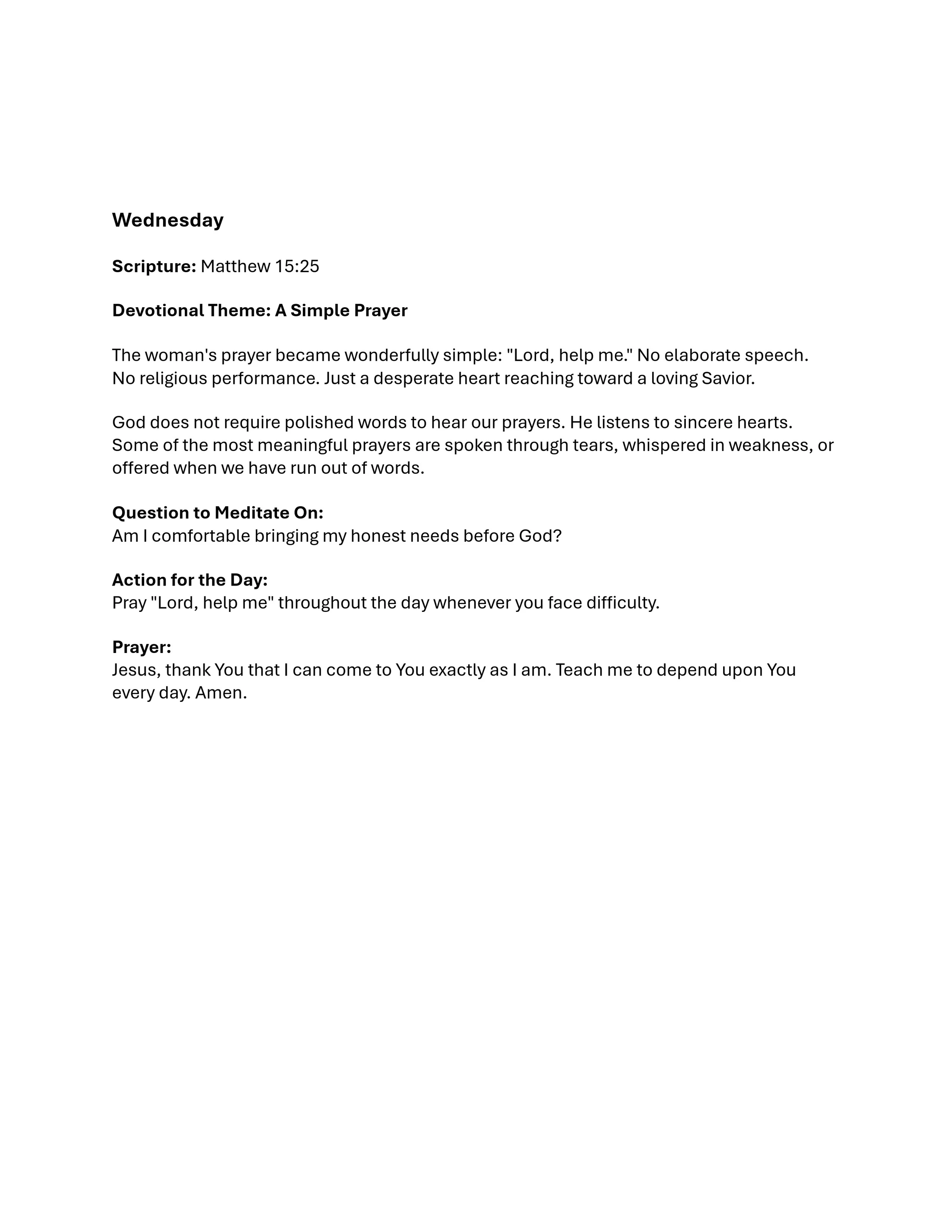 A Christian devotional for Wednesday titled 'A Simple Prayer,' based on Matthew 15:25. It includes a message, a meditation question, and a prayer.