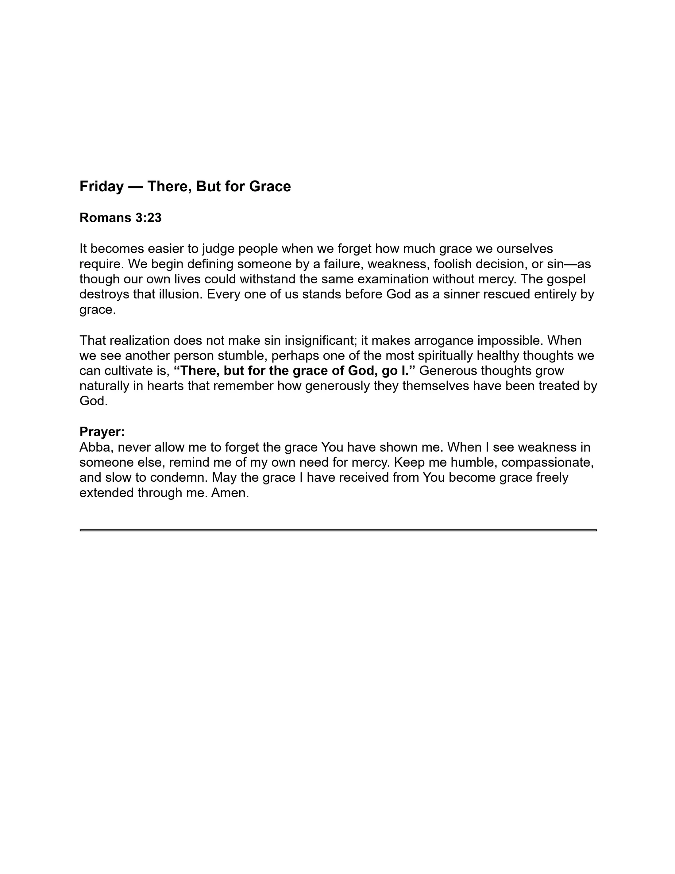A page of text from a Friday devotional titled 'There, But for Grace' based on Romans 3:23, discussing grace, humility, and avoiding judgment.