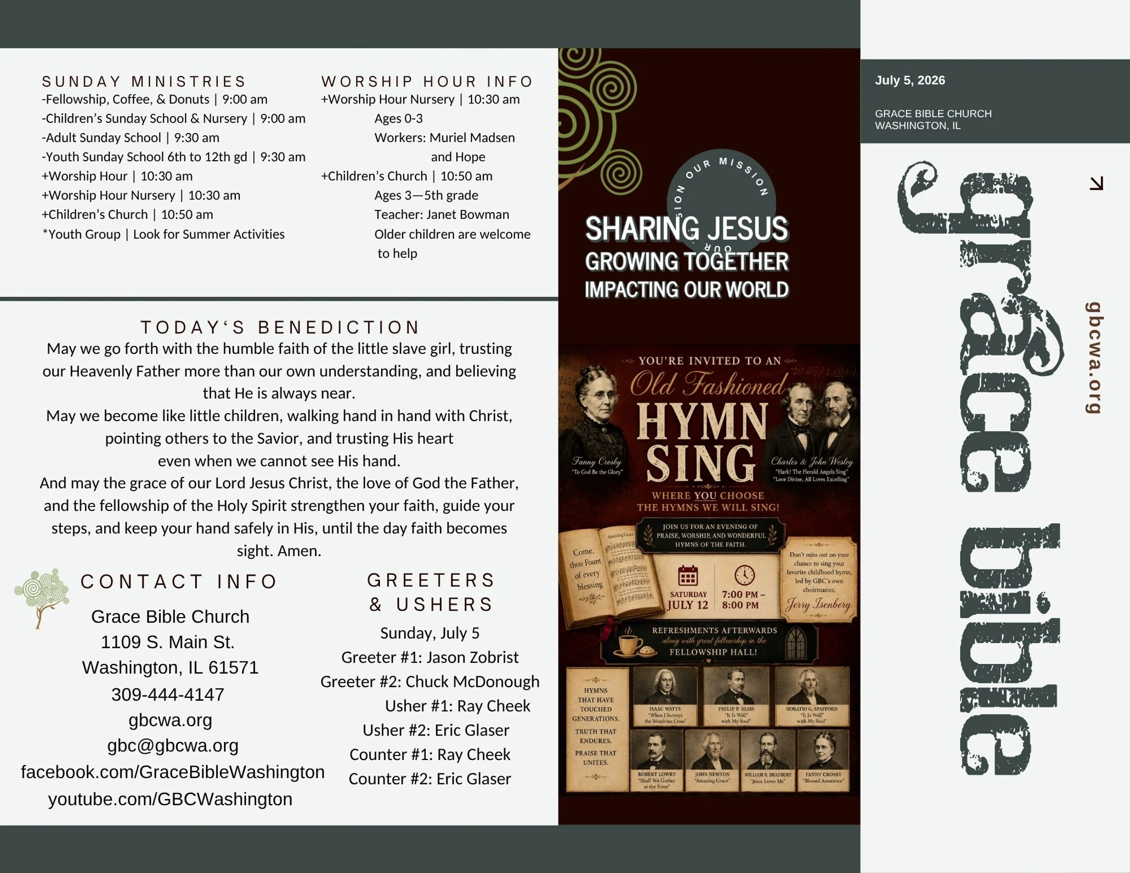 A trifold church bulletin for Grace Bible Church, dated July 5, 2026. It lists service times, a benediction, and an ad for an old-fashioned hymn sing event.