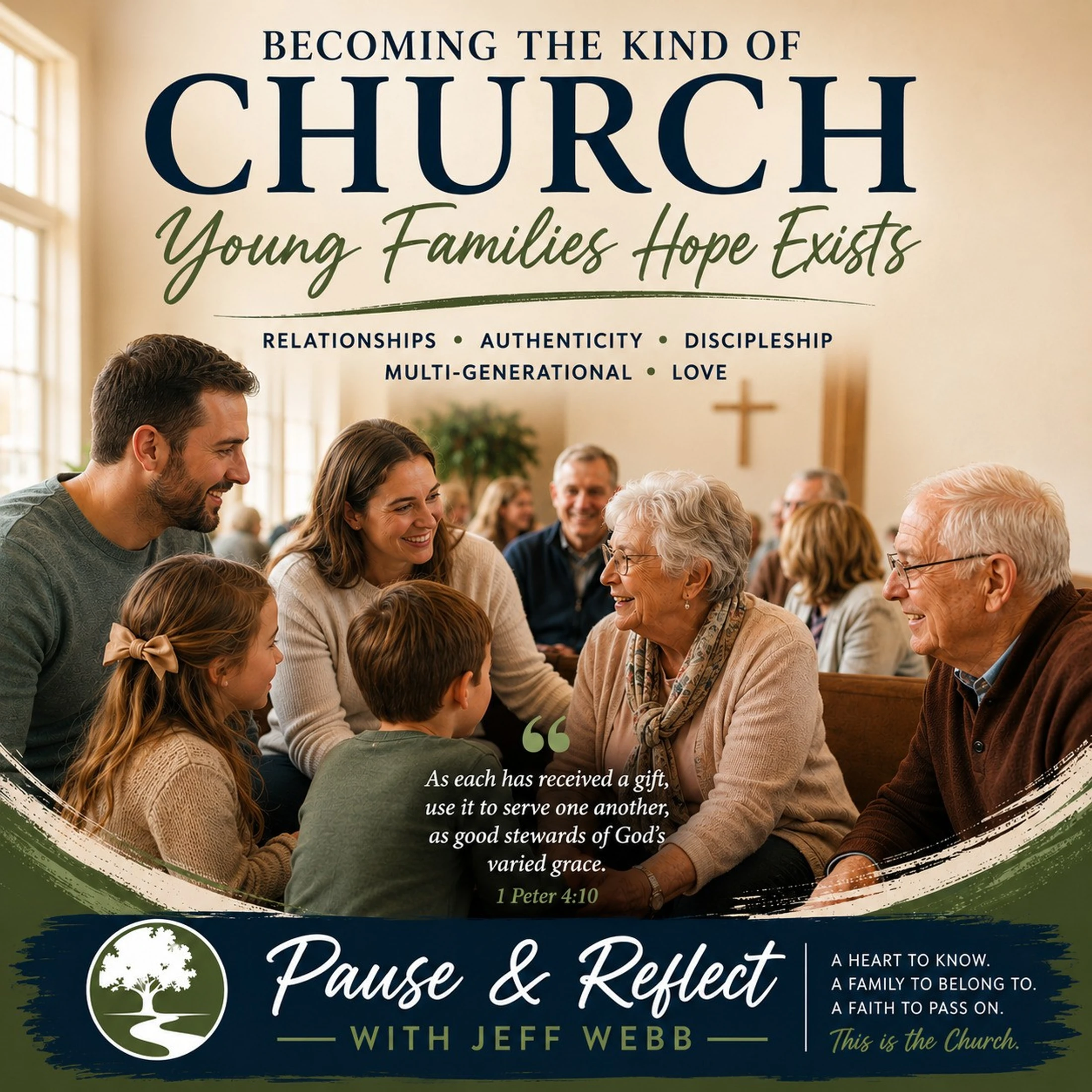 A young family with two children smiles while talking with an elderly couple in a church pew. Text promotes a multi-generational church community.