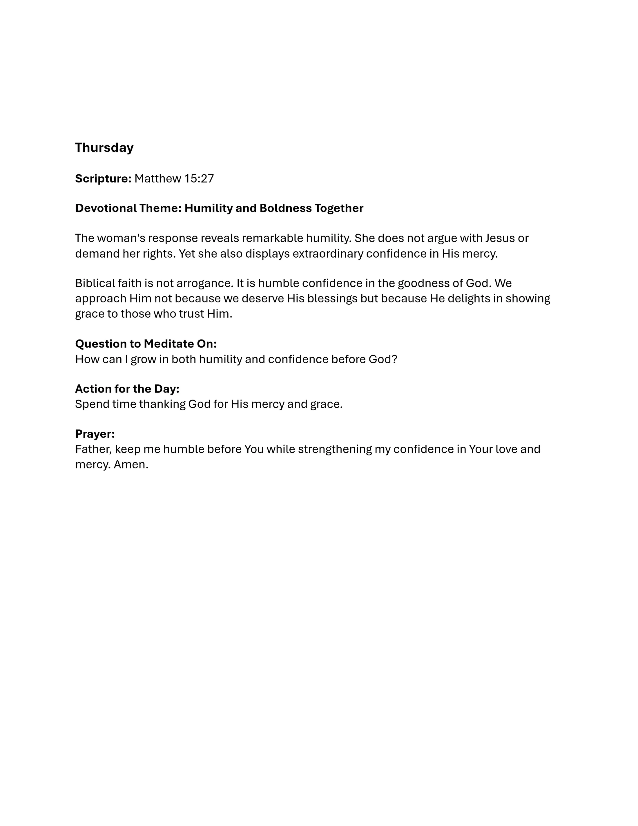 A daily devotional for Thursday based on Matthew 15:27. It discusses humility and boldness, with a meditation question, an action, and a prayer.