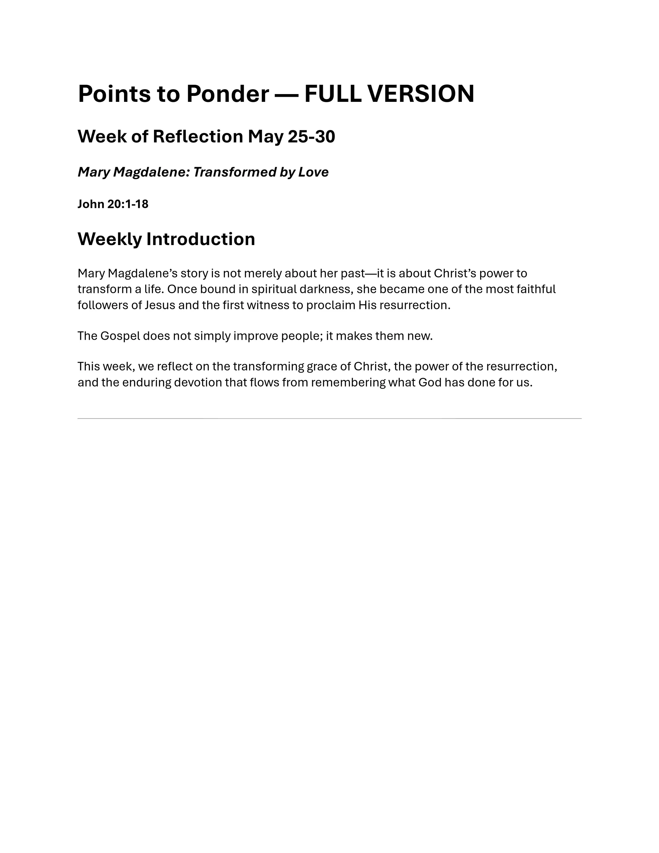A document titled "Points to Ponder" providing a weekly introduction for a reflection on Mary Magdalene, focusing on her transformation through Christ's love.