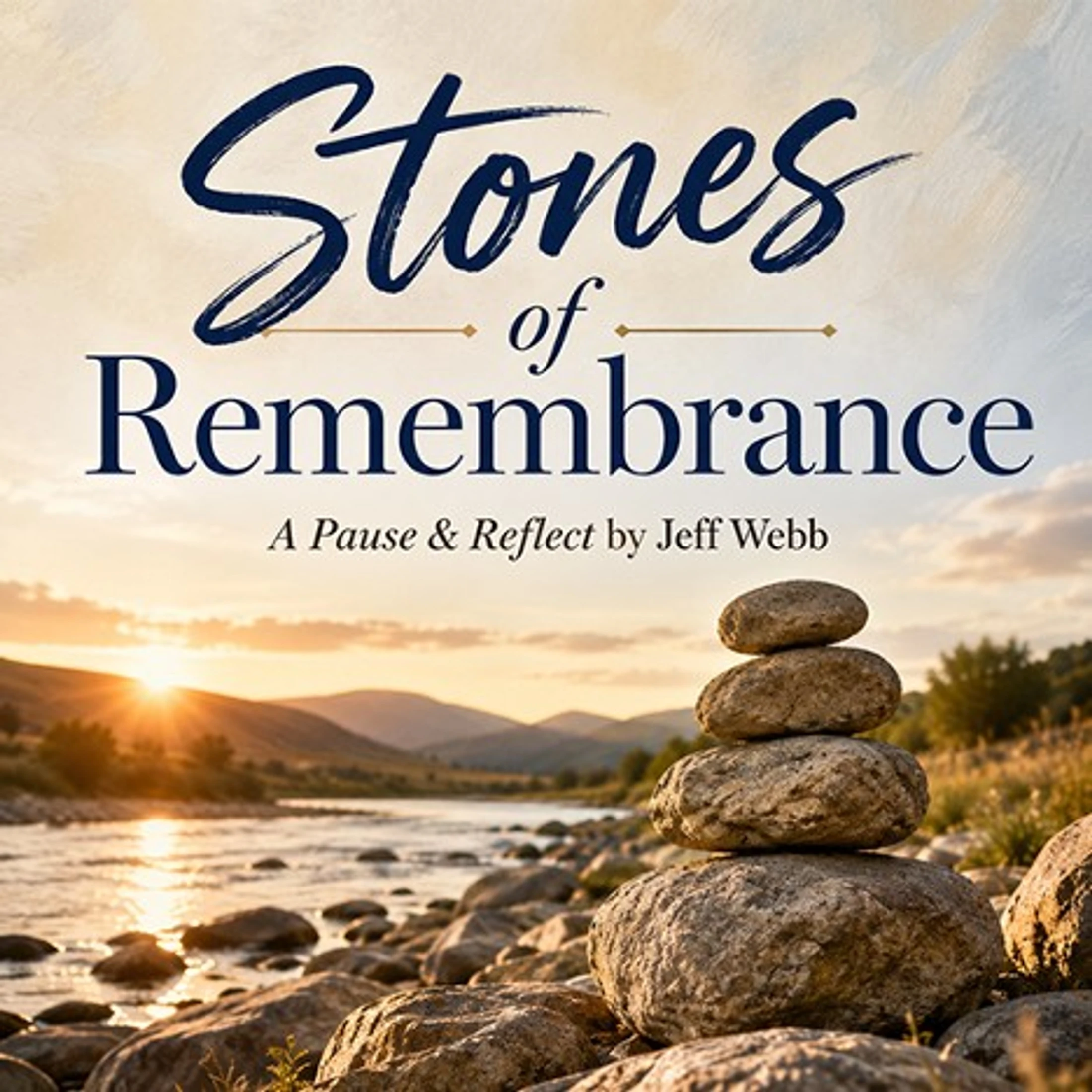 A stack of four stones sits on a rocky riverbank at sunset. The title "Stones of Remembrance" is written in the sky above the landscape.