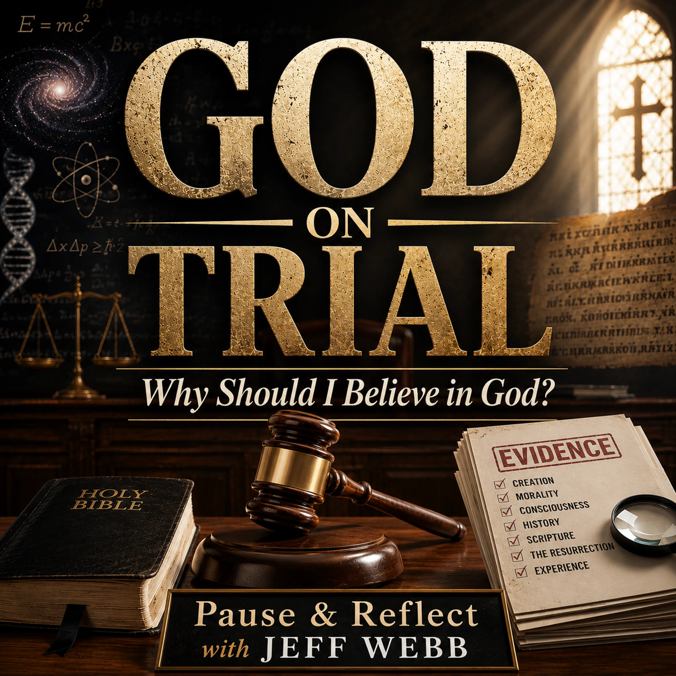Graphic for 'God on Trial' showing a gavel, Bible, and 'Evidence' list on a desk, with science and religious symbols in the background.