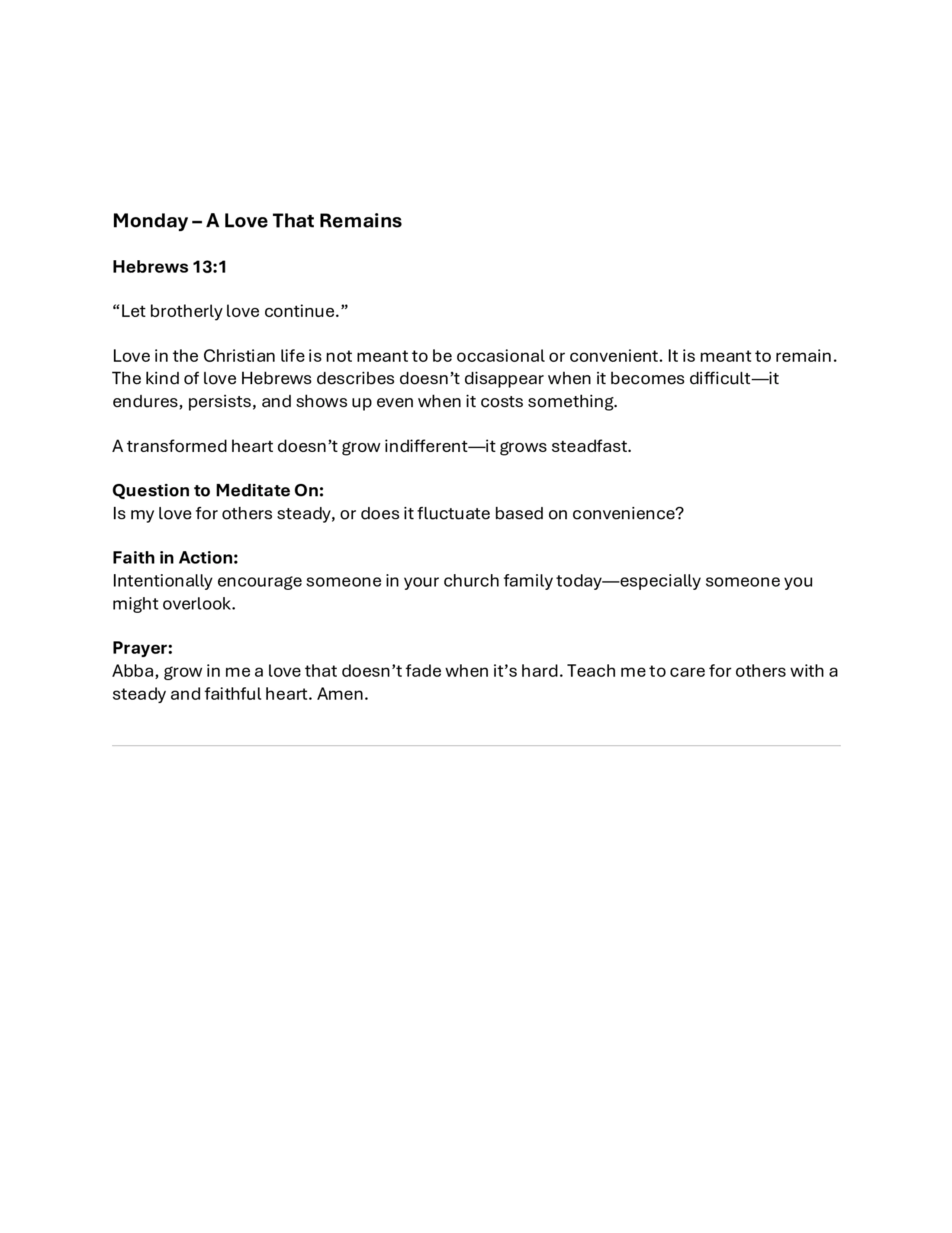 A text-based devotional for Monday titled 'A Love That Remains,' based on Hebrews 13:1, with commentary, a meditation question, and a prayer.