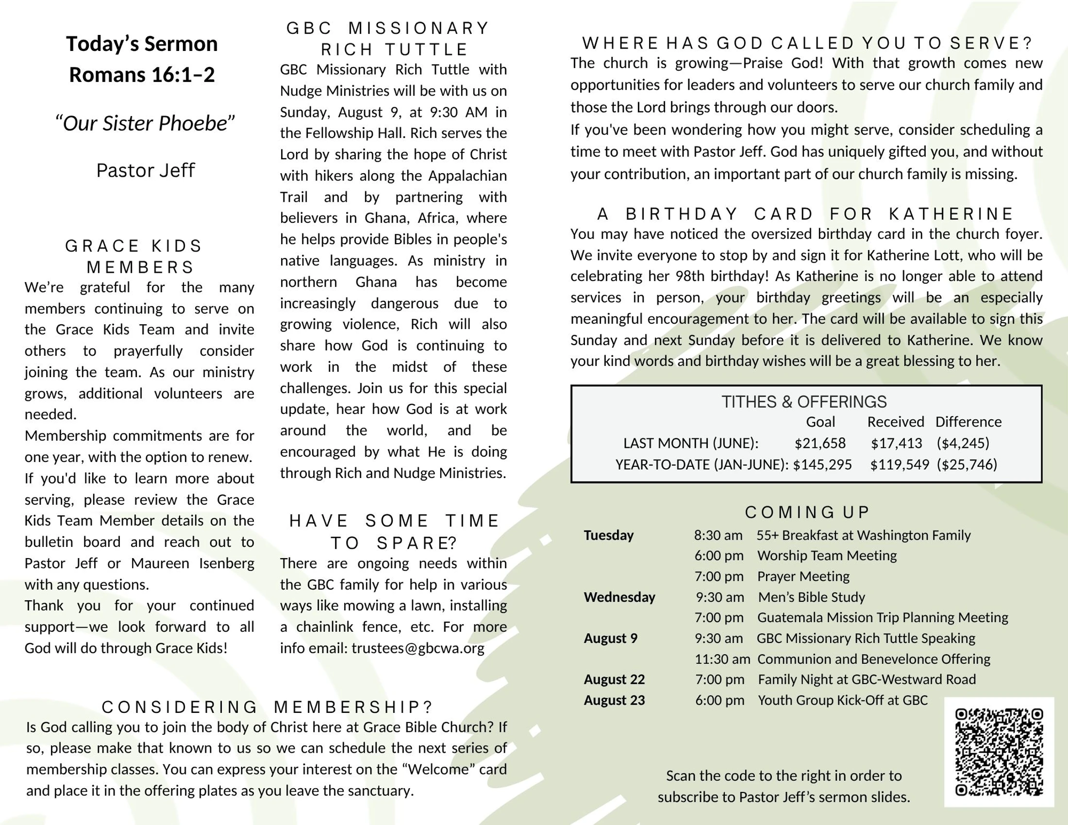 A church bulletin featuring sermon details on Romans 16:1-2, various ministry announcements, a schedule of upcoming events, and a tithes and offerings report.