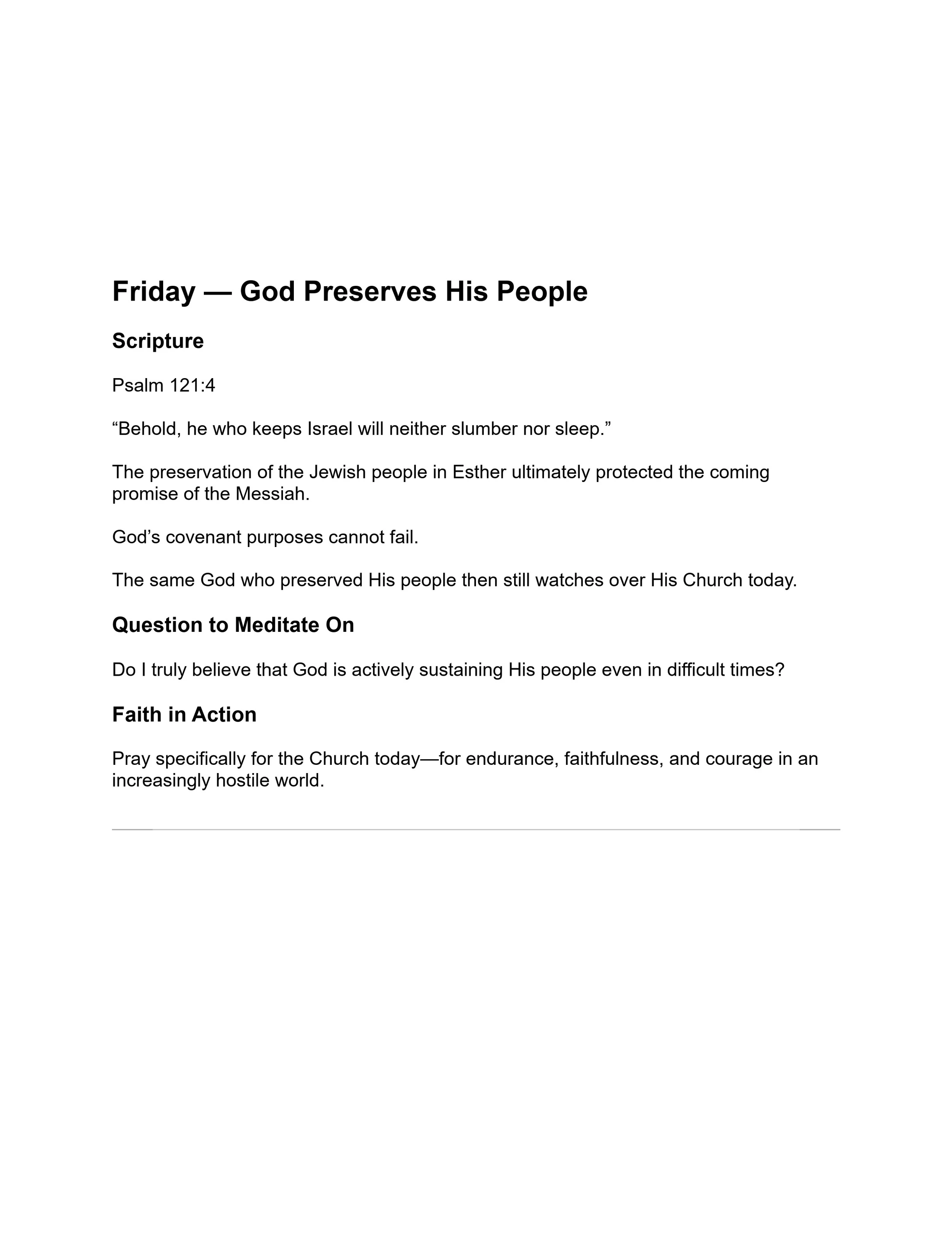 A Christian devotional for Friday titled 'God Preserves His People,' featuring scripture from Psalm 121:4, a meditation question, and a prayer prompt.