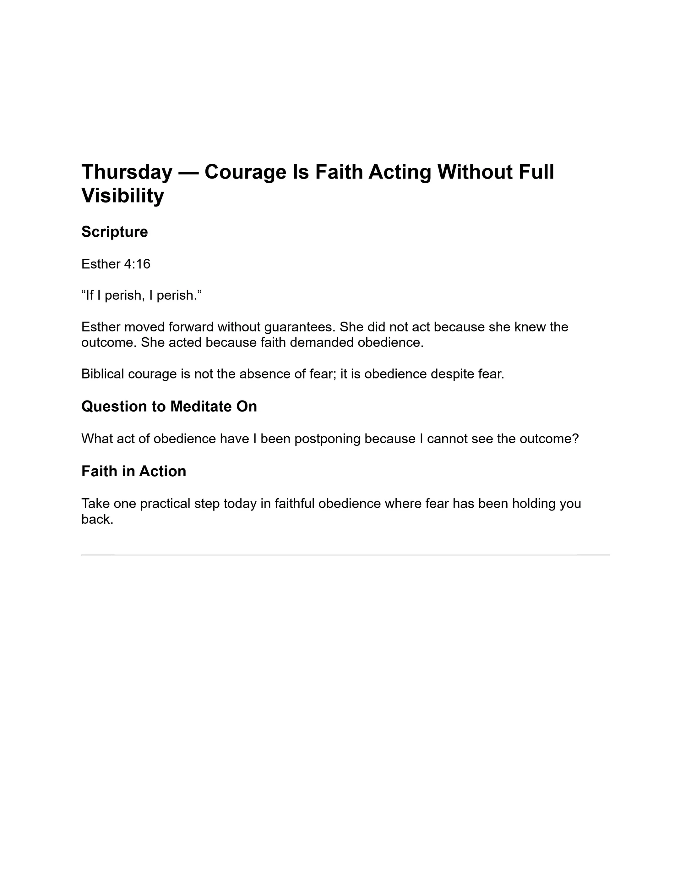 A page of text for a Thursday devotional titled 'Courage Is Faith Acting Without Full Visibility,' referencing Esther 4:16 and discussing faith and fear.