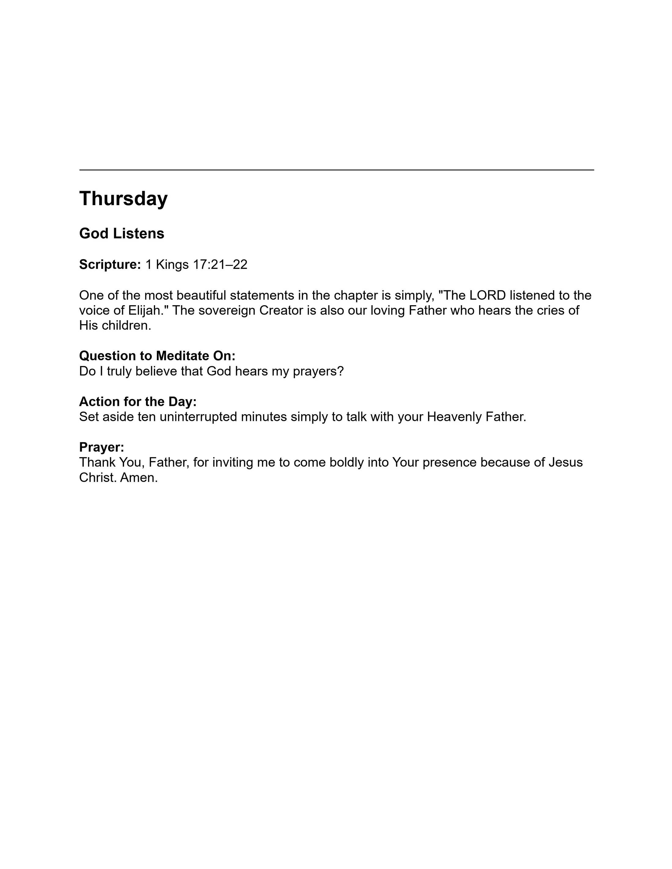 A daily Christian devotional for Thursday titled 'God Listens,' featuring scripture from 1 Kings, a meditation question, a daily action, and a prayer.