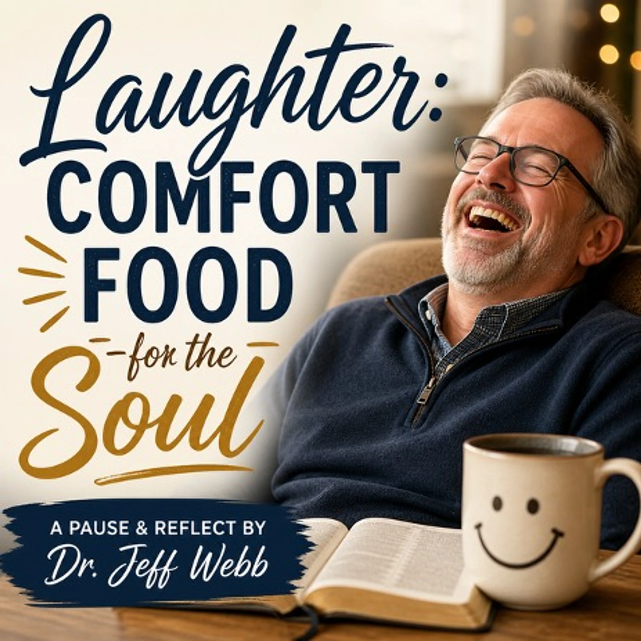 A man laughs heartily while sitting in a chair with an open book and a coffee mug with a smiley face. Text reads "Laughter: Comfort Food for the Soul."