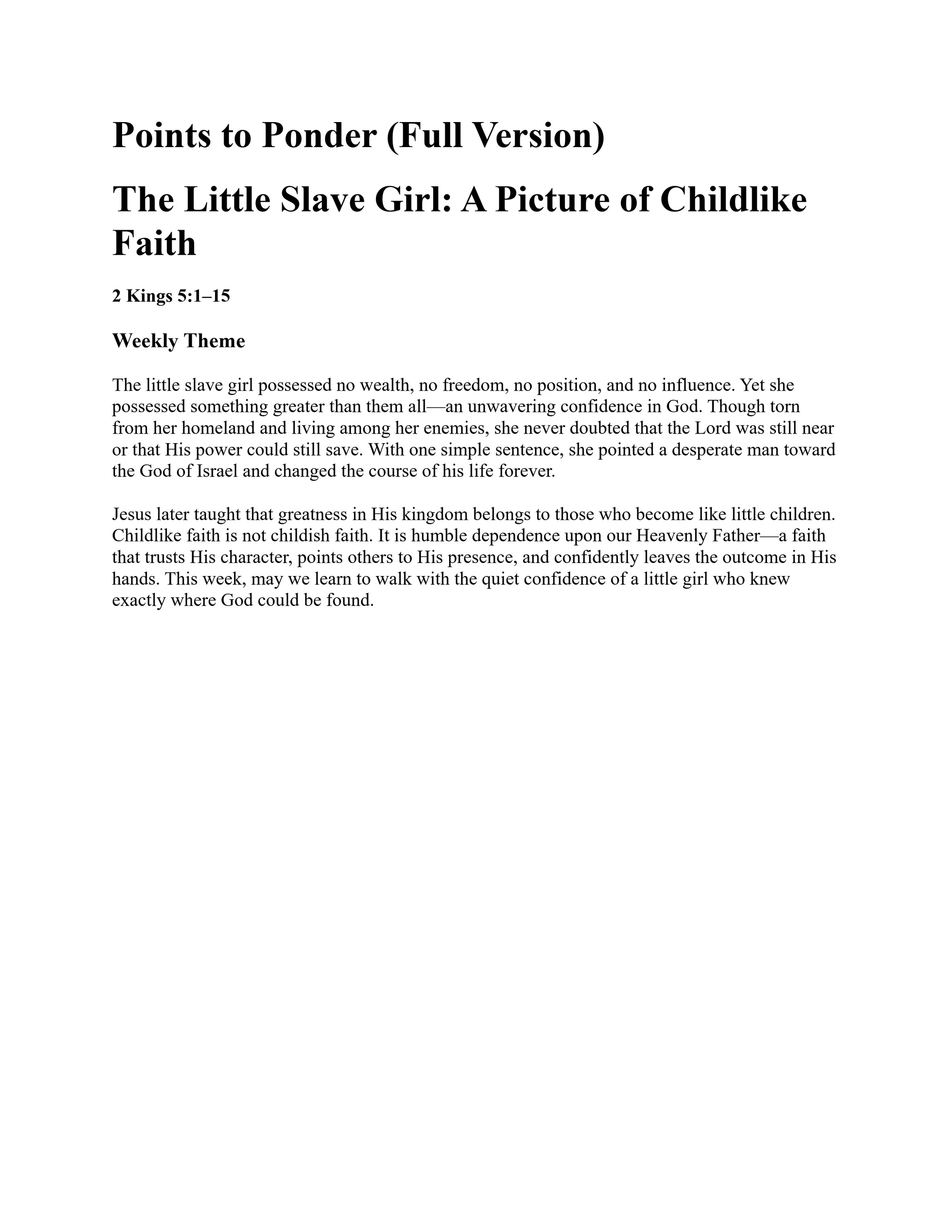 A document titled "Points to Ponder" discussing the weekly theme of childlike faith, using the biblical story of the little slave girl from 2 Kings 5:1–15.