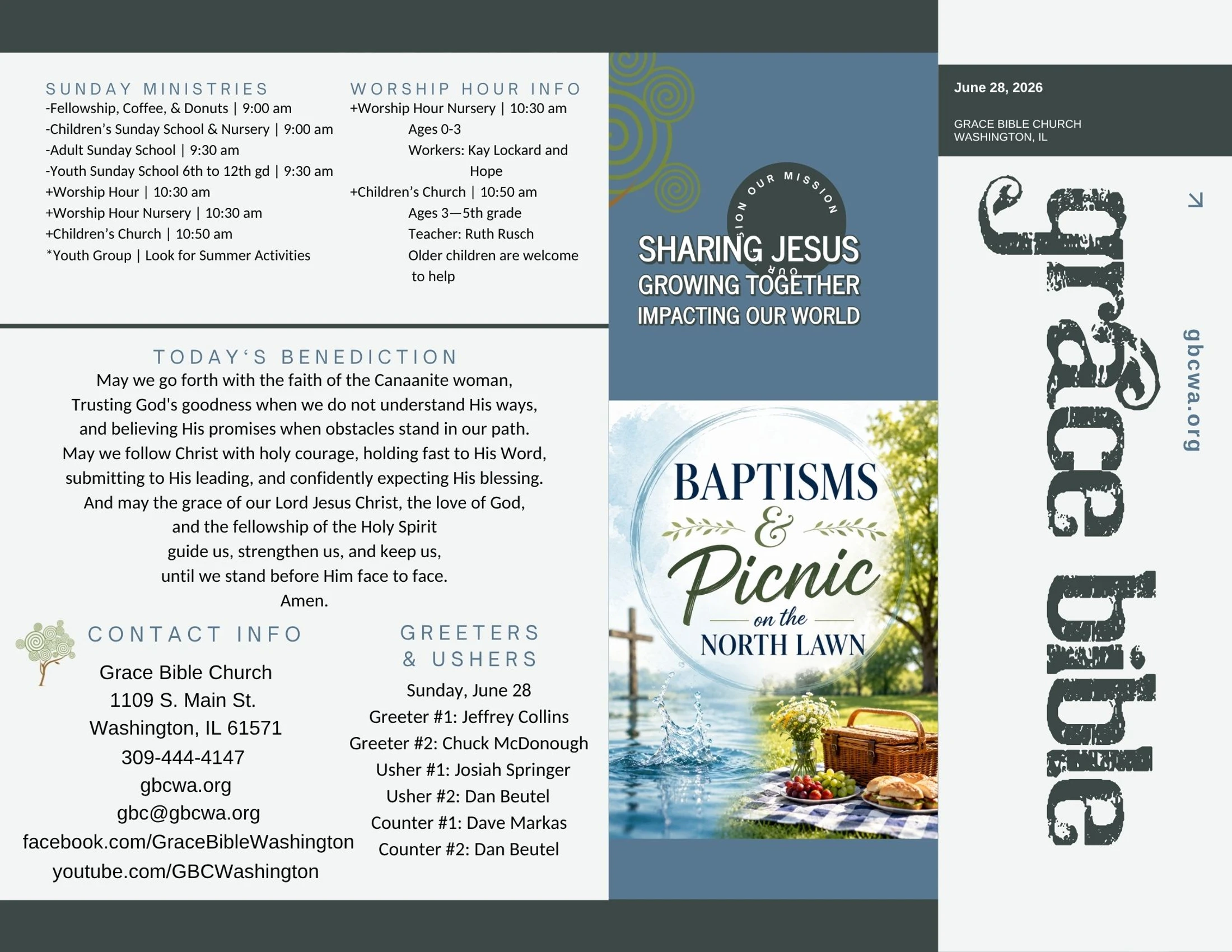 A church bulletin for Grace Bible Church. It lists service times, contact information, a benediction, and an announcement for a baptisms and picnic event.