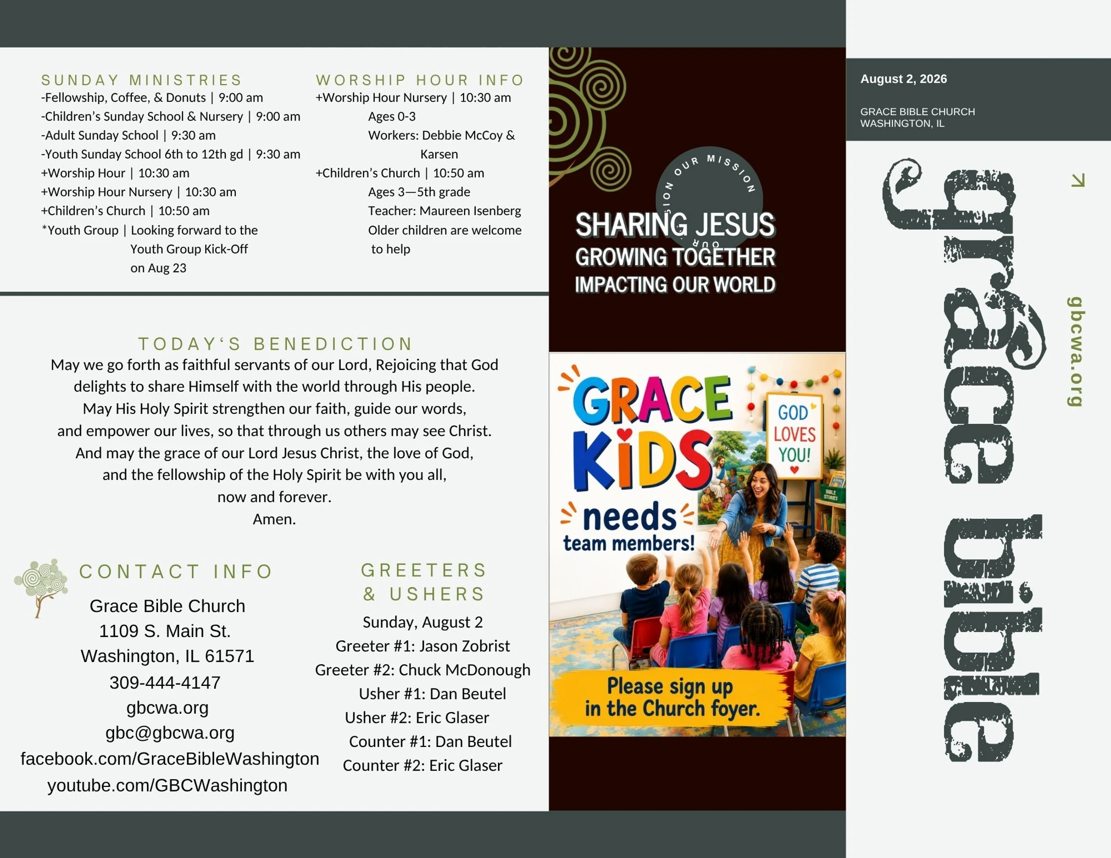 A tri-fold church bulletin for Grace Bible Church, detailing Sunday services, contact info, a benediction, and a call for volunteers for 'Grace Kids'.
