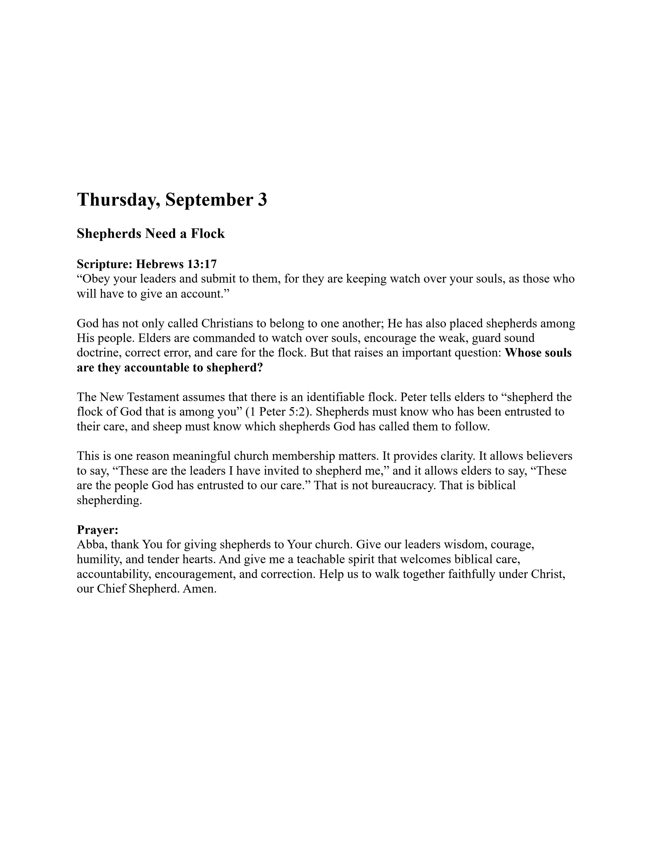 A page of a Christian devotional for Thursday, September 3, titled 'Shepherds Need a Flock.' The text discusses church leadership using scripture.