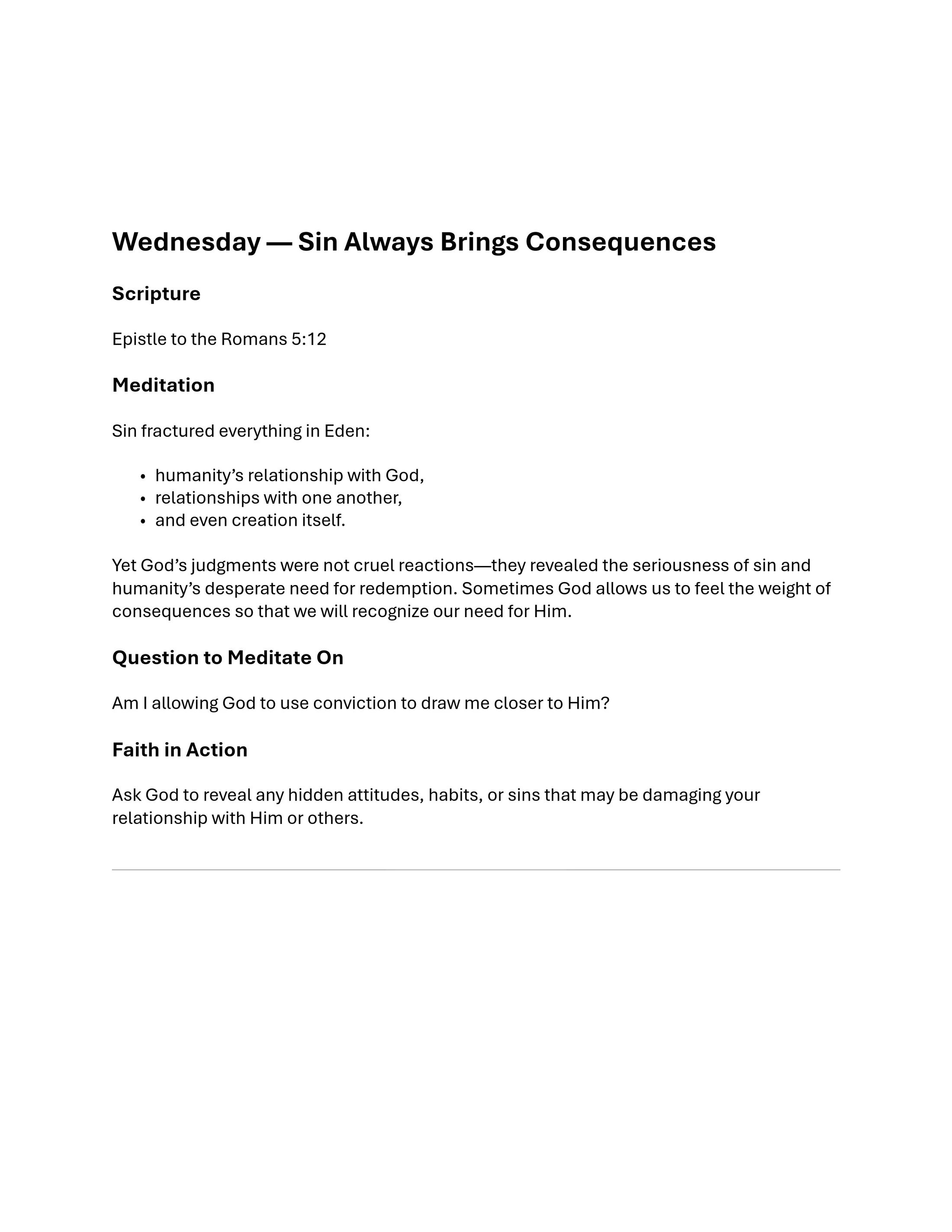 A page from a Christian devotional for Wednesday, discussing how sin brings consequences, with sections for scripture, meditation, and reflection.