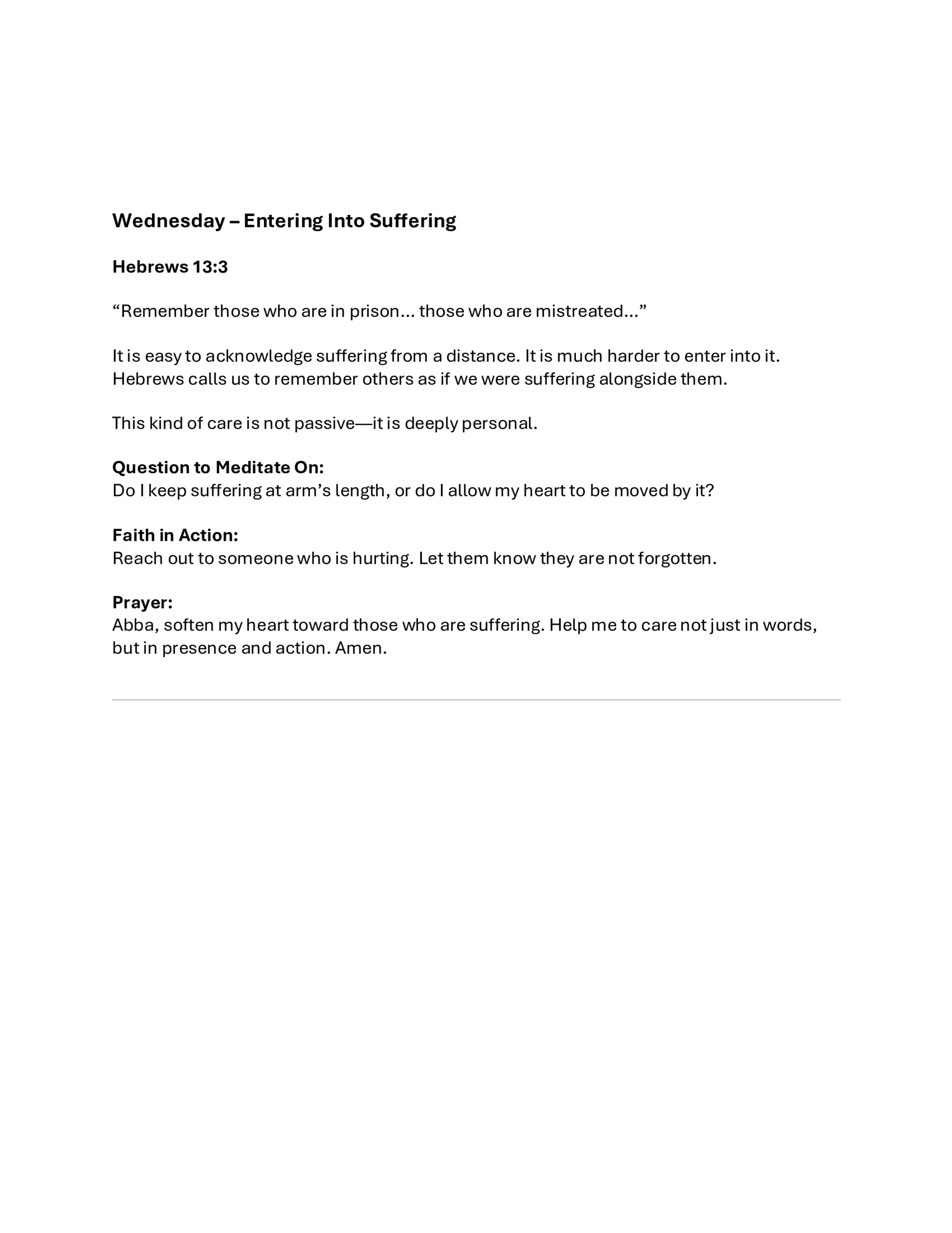 A Christian devotional titled 'Wednesday – Entering Into Suffering,' based on Hebrews 13:3. The text includes a meditation question, action, and prayer.