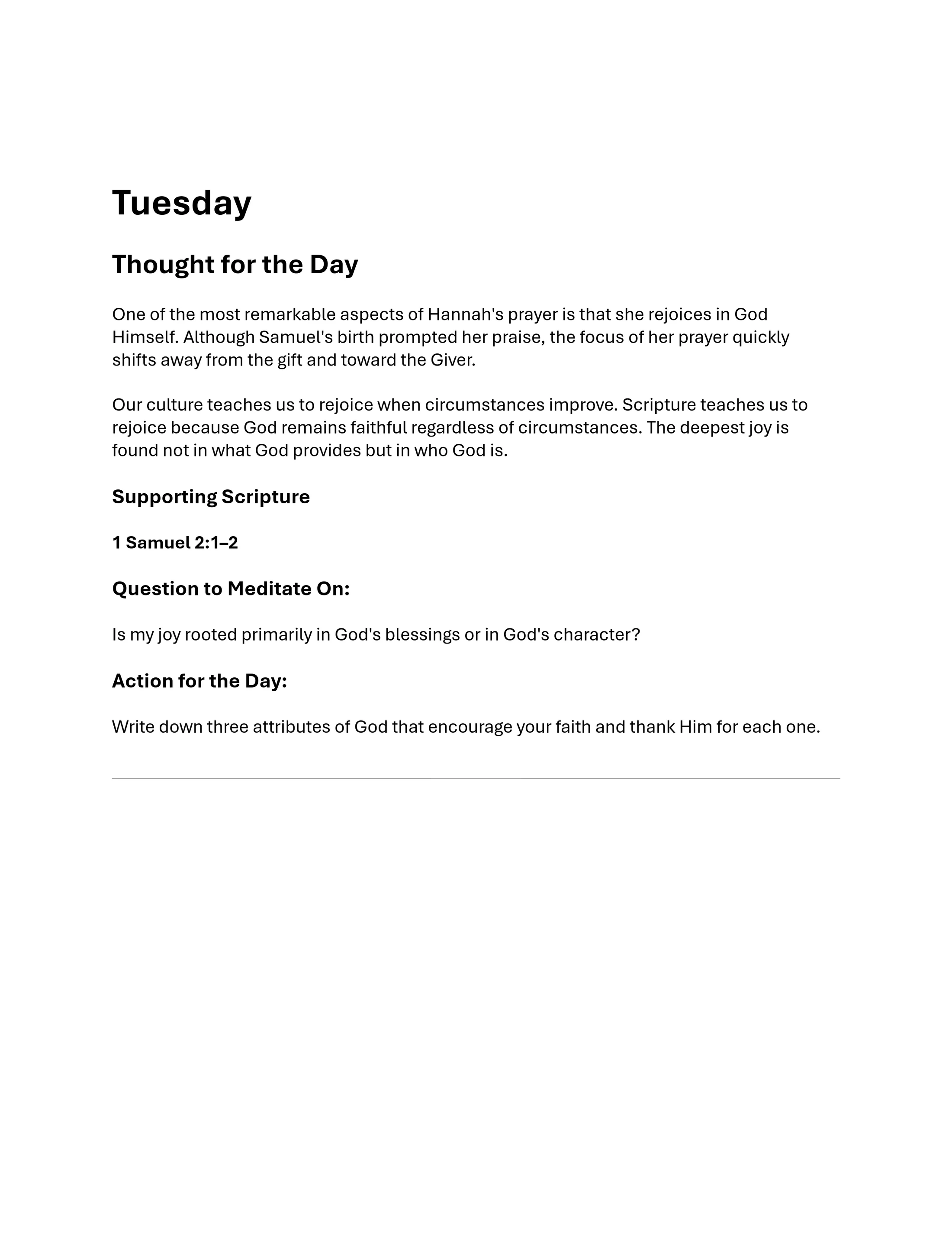 A daily devotional for Tuesday, featuring a thought for the day on Hannah's prayer, scripture from 1 Samuel, a meditation question, and an action for the day.
