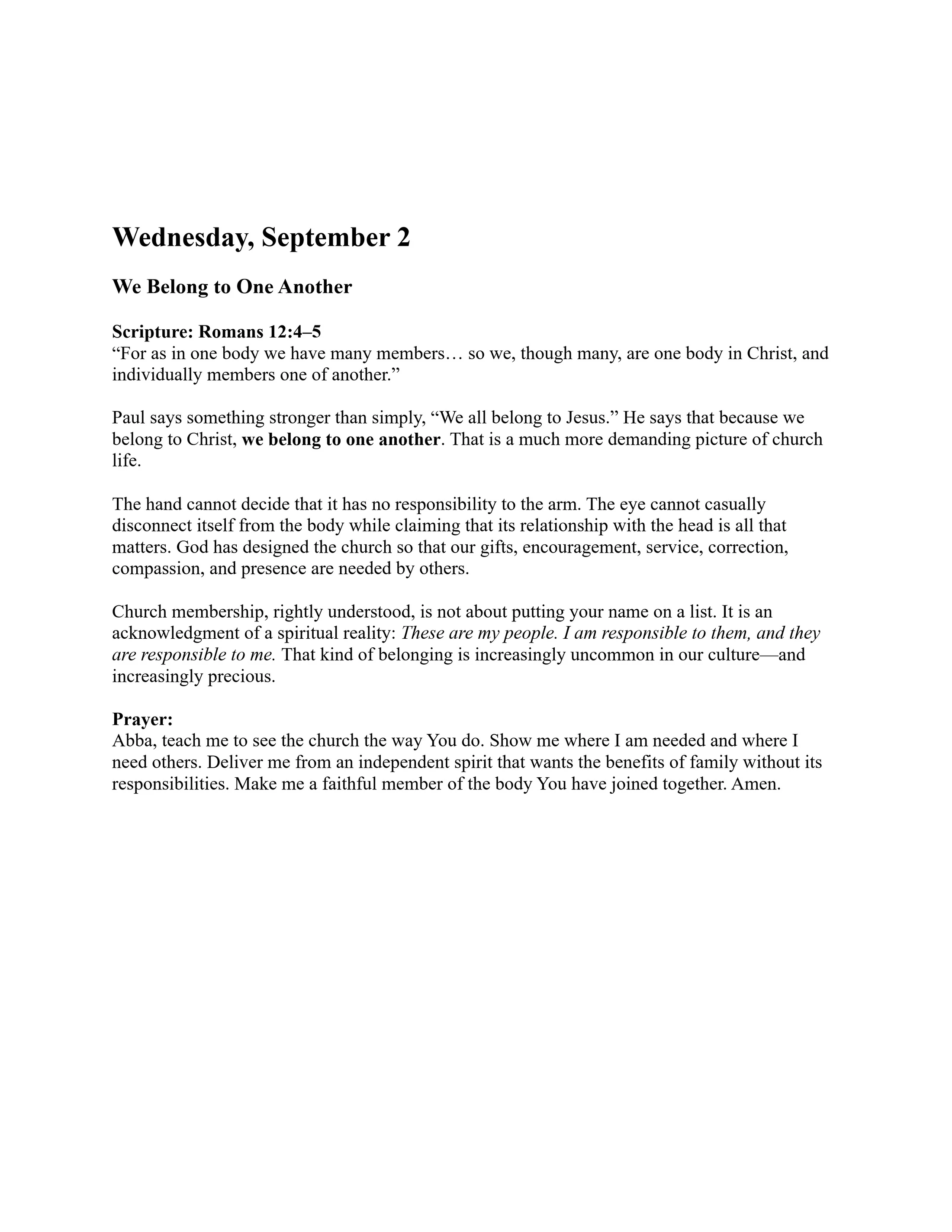 A page from a daily devotional for Wednesday, September 2, titled "We Belong to One Another." It discusses Romans 12:4-5 and includes a short prayer.
