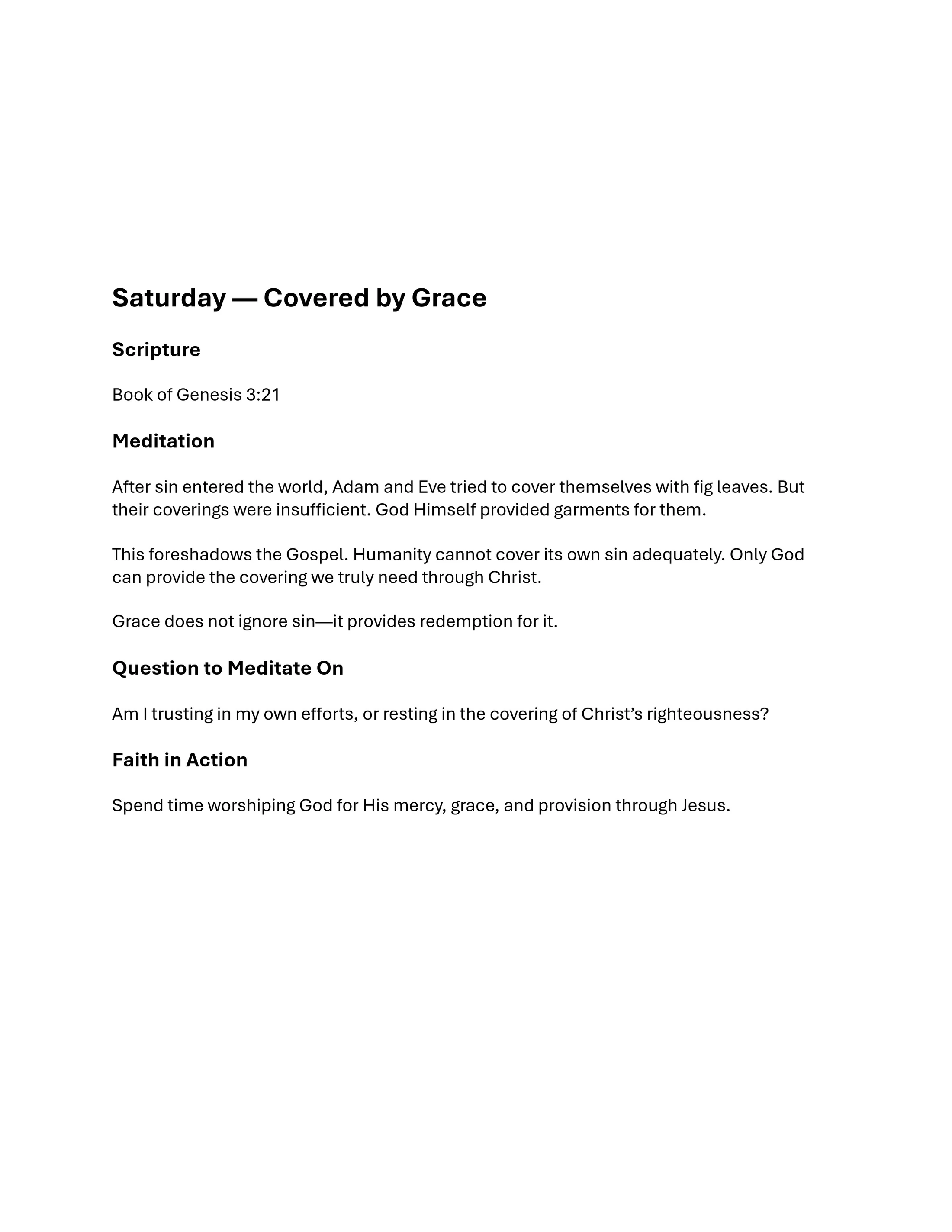 A screenshot of a Saturday devotional titled 'Covered by Grace'. It includes scripture from Genesis, a meditation, a question, and a call to action.