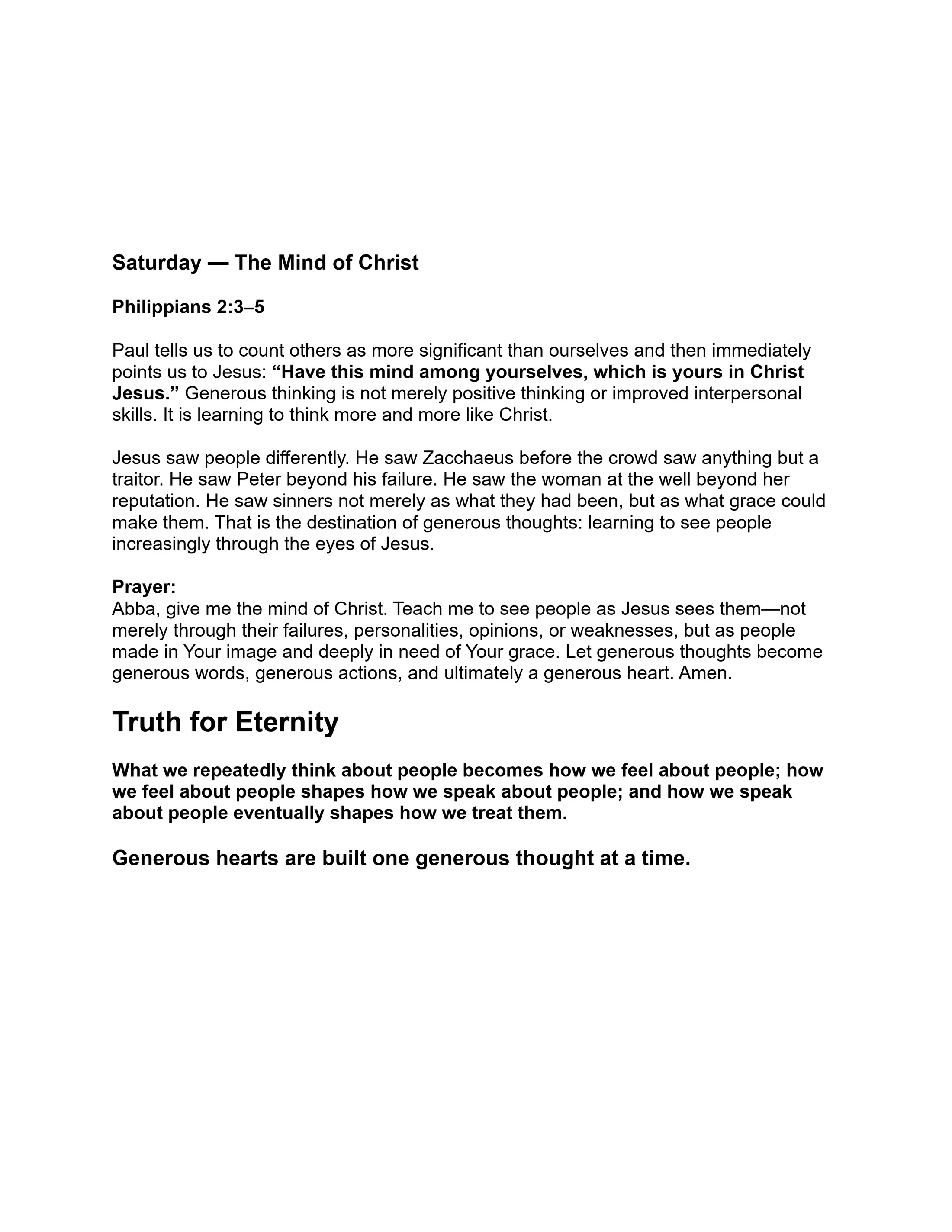 A page from a devotional titled "Saturday — The Mind of Christ," referencing Philippians 2:3-5. It discusses generous thinking and includes a prayer.