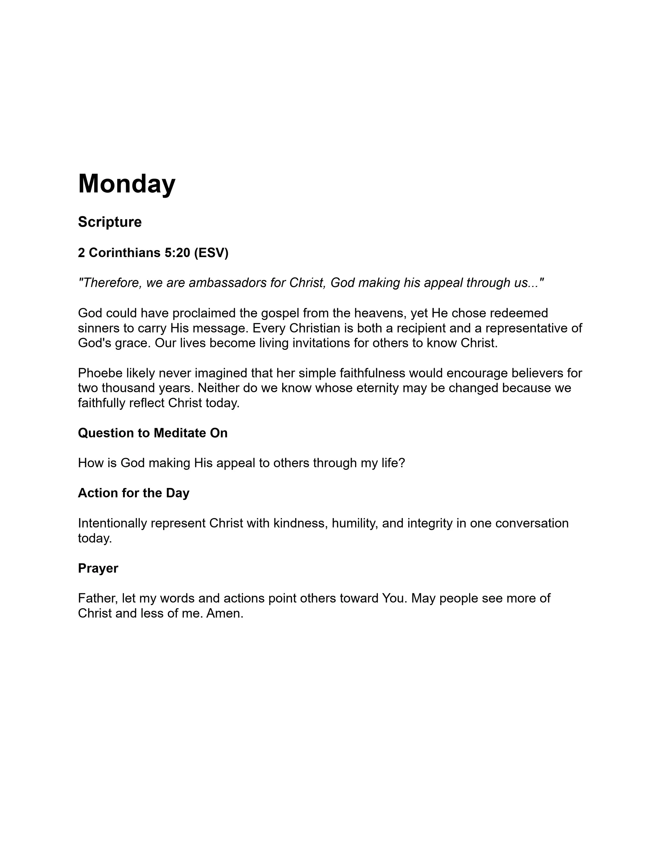 A daily Christian devotional for Monday based on 2 Corinthians 5:20, with scripture, a meditation question, a daily action, and a prayer.