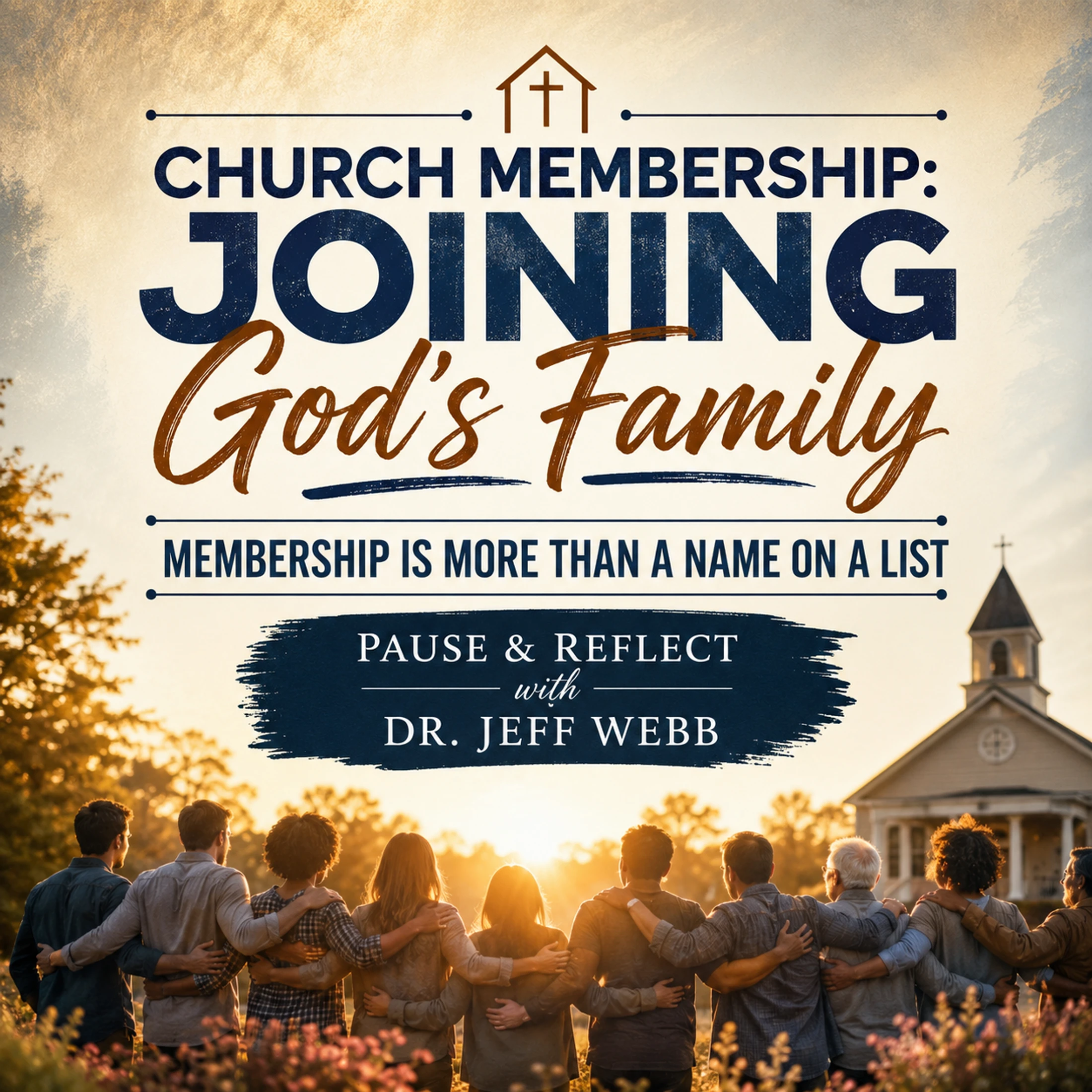 A graphic for "Church Membership" showing a diverse group of people with arms linked, facing a sunset with a church building in the background.