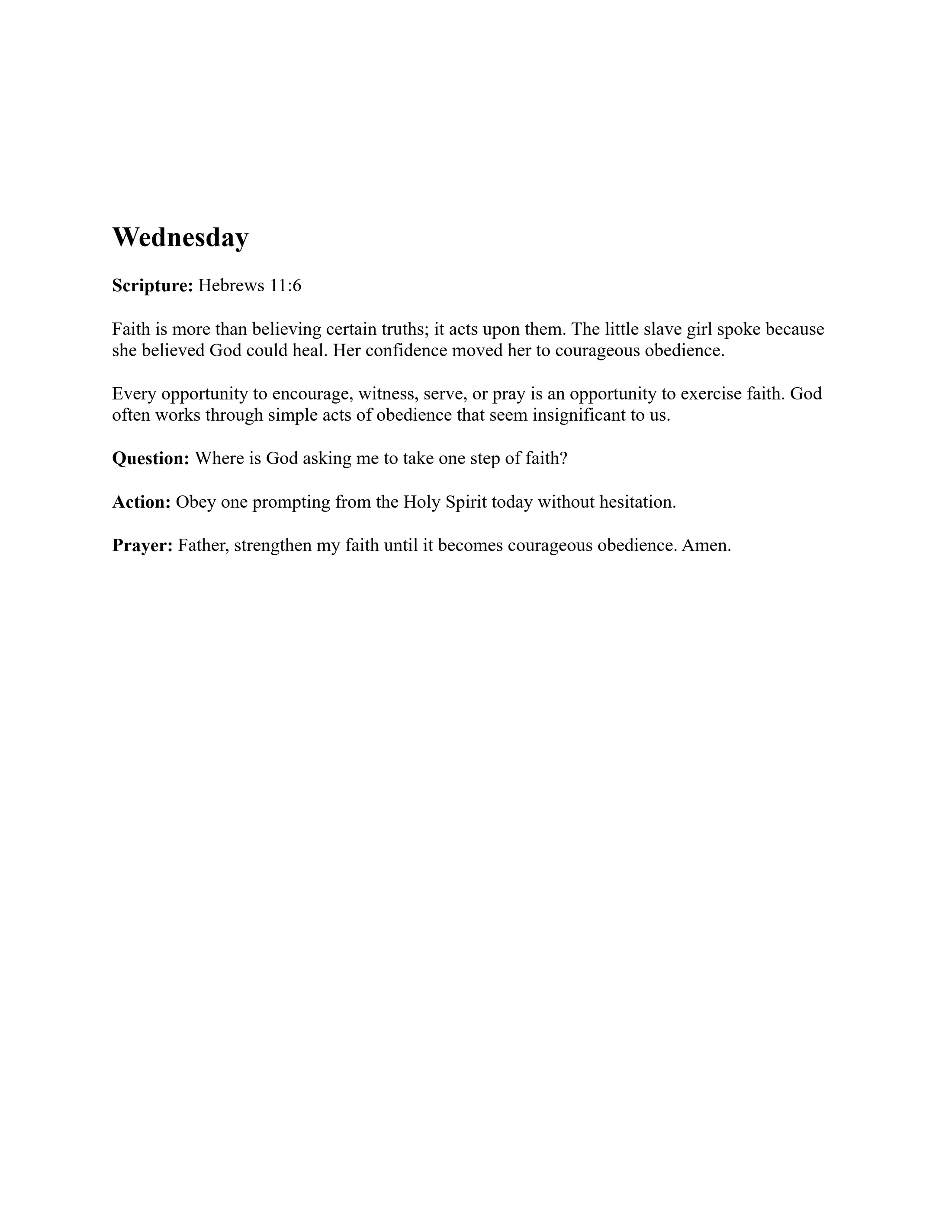 A page of text for a Wednesday devotional. It includes a scripture from Hebrews 11:6, a reflection on faith, a question, an action, and a prayer.