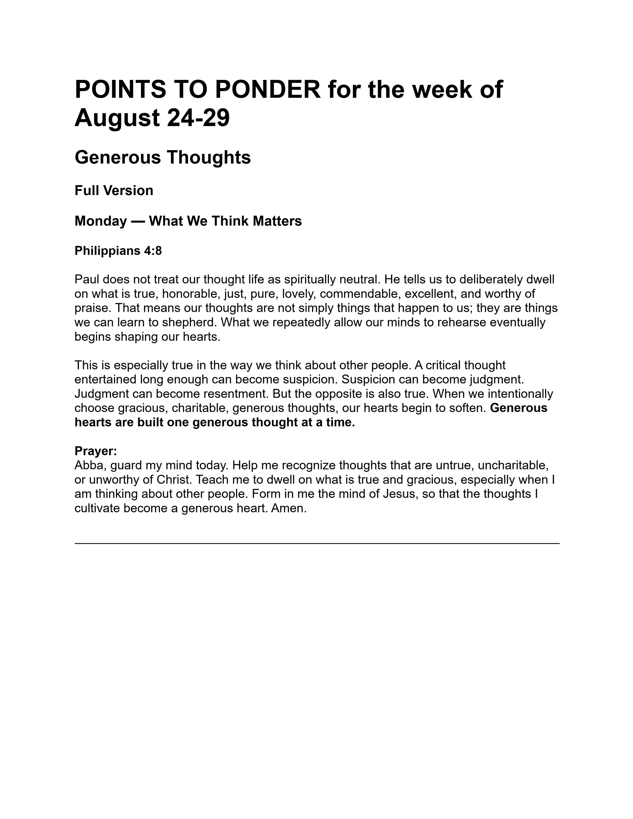 A Christian devotional titled 'Points to Ponder' for August 24-29. Monday's entry reflects on cultivating generous thoughts, based on Philippians 4:8.