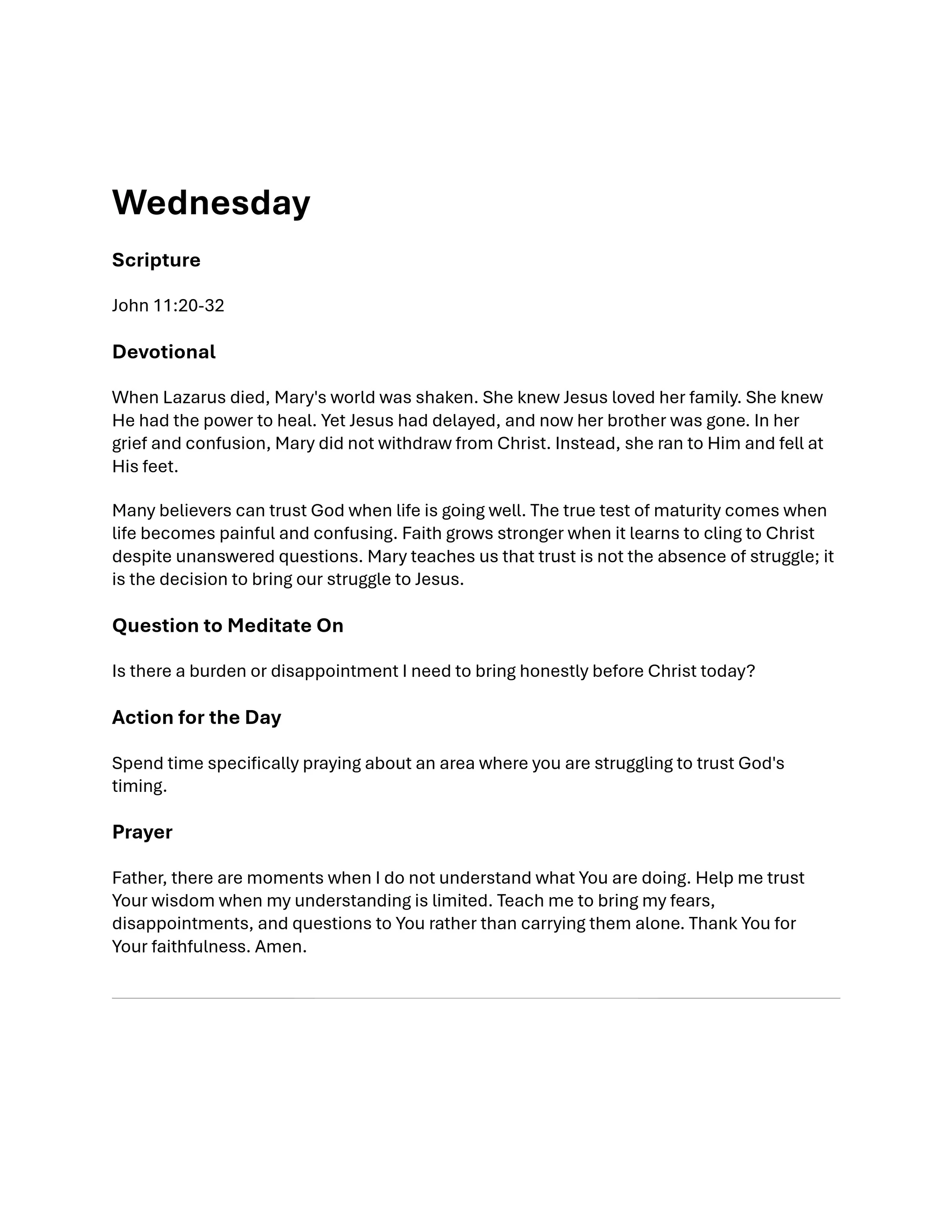 A daily devotional for Wednesday with scripture from John 11, a reflection on trusting God, a meditation question, an action, and a prayer.
