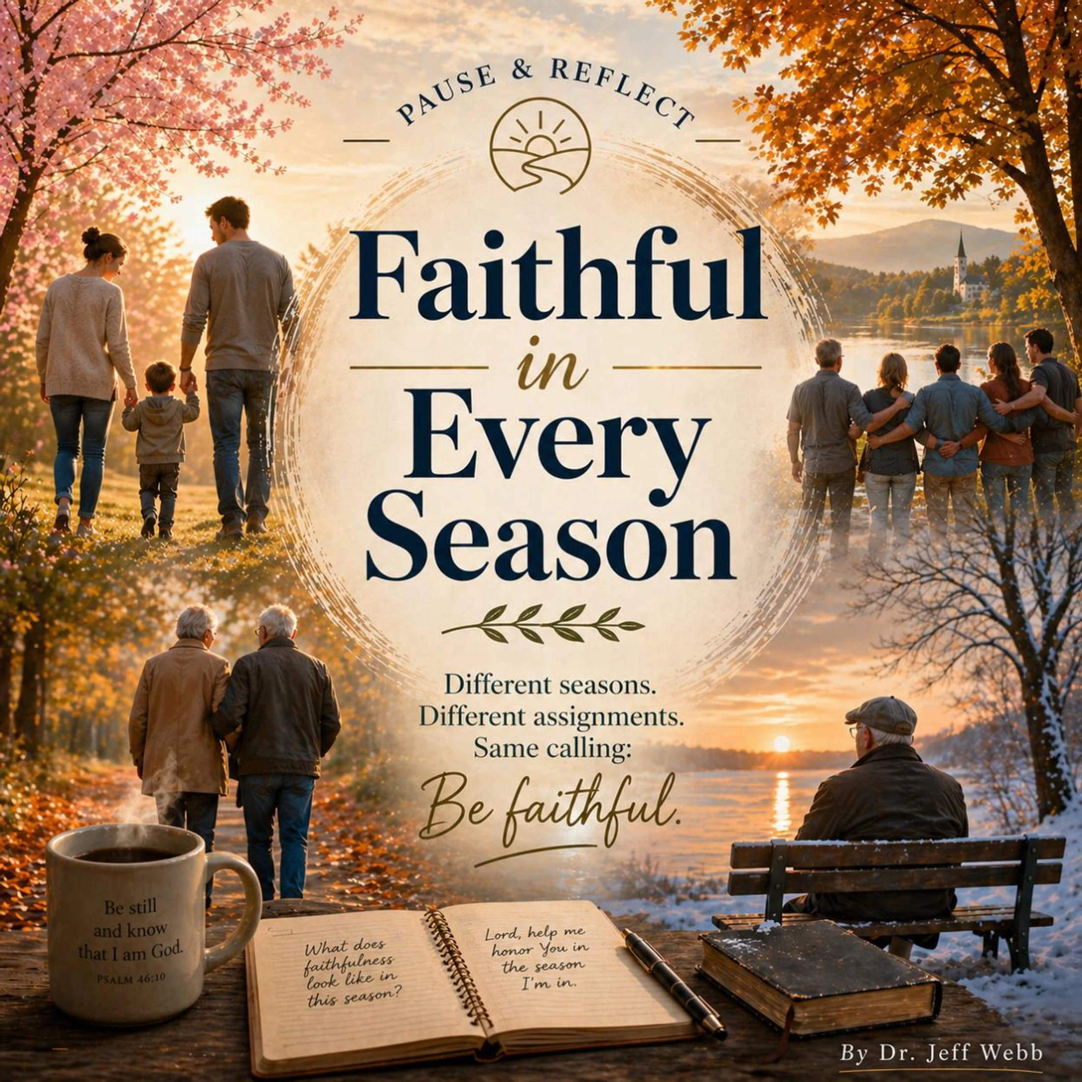 An inspirational collage showing people in different life stages across four seasons, with the central text 'Faithful in Every Season' and related scriptures.